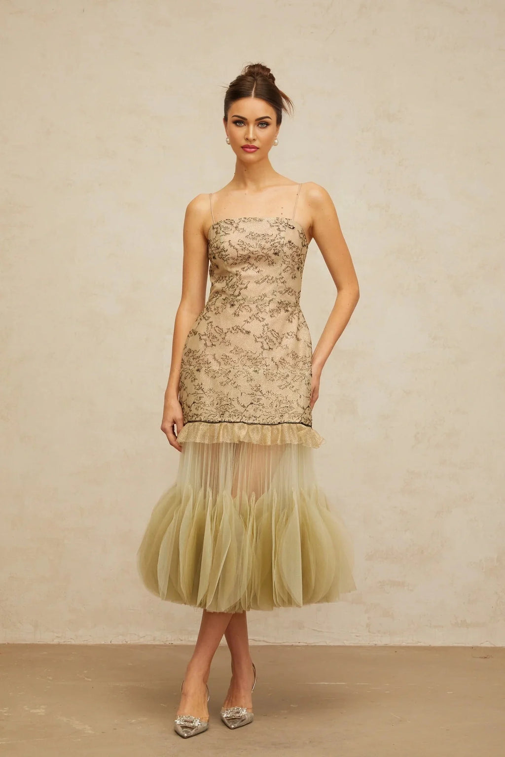 Ellie Midi Dress Green Embroidered Panels & Tulle Ruffles