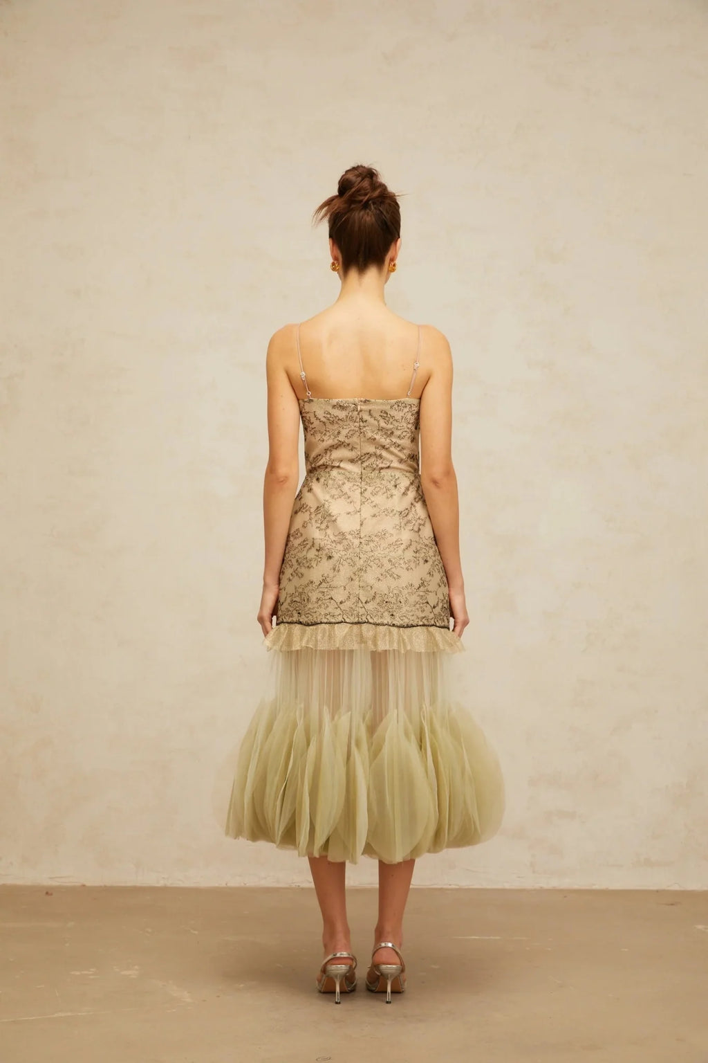 Ellie Midi Dress Green Embroidered Panels & Tulle Ruffles