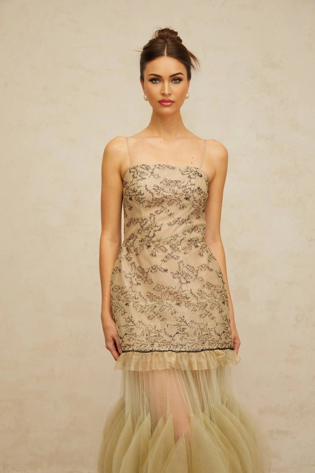 Ellie Midi Dress Green Embroidered Panels & Tulle Ruffles