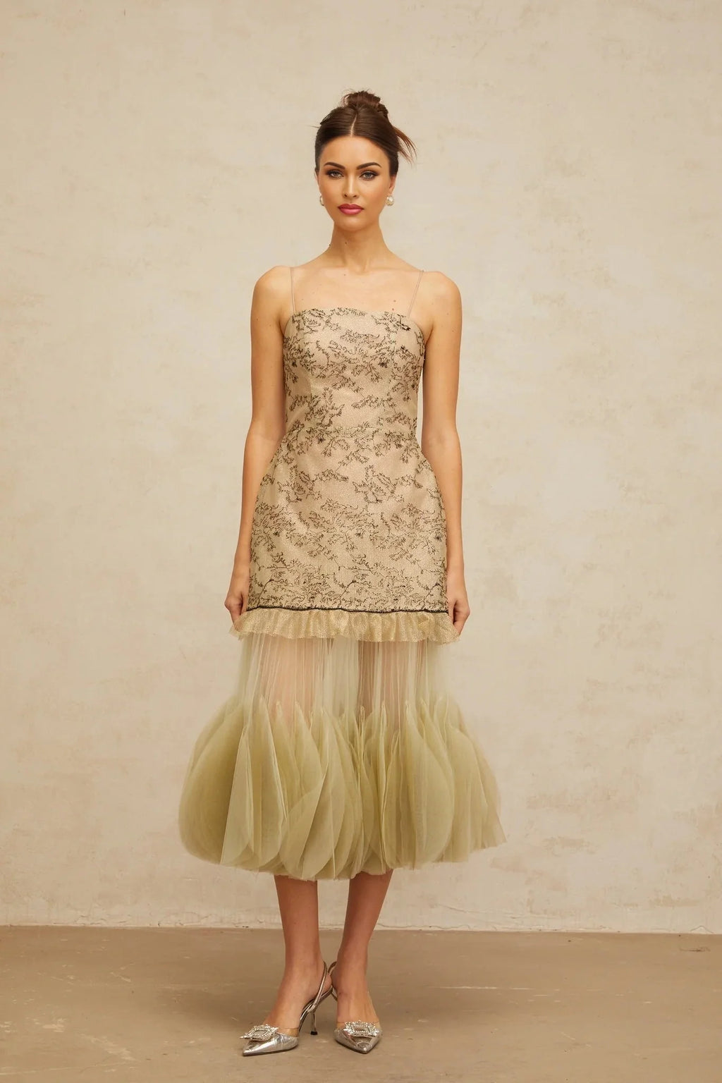 Ellie Midi Dress Green Embroidered Panels & Tulle Ruffles