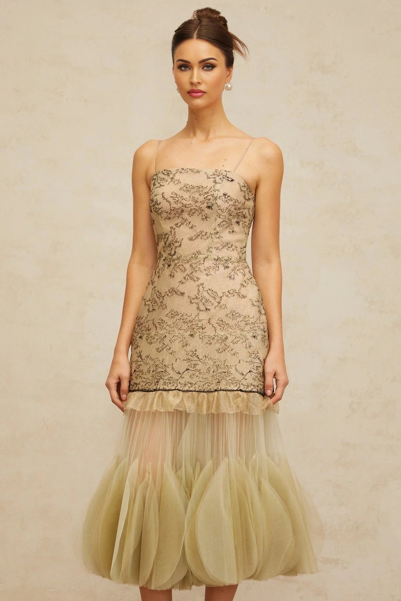 Ellie Midi Dress Green Embroidered Panels & Tulle Ruffles