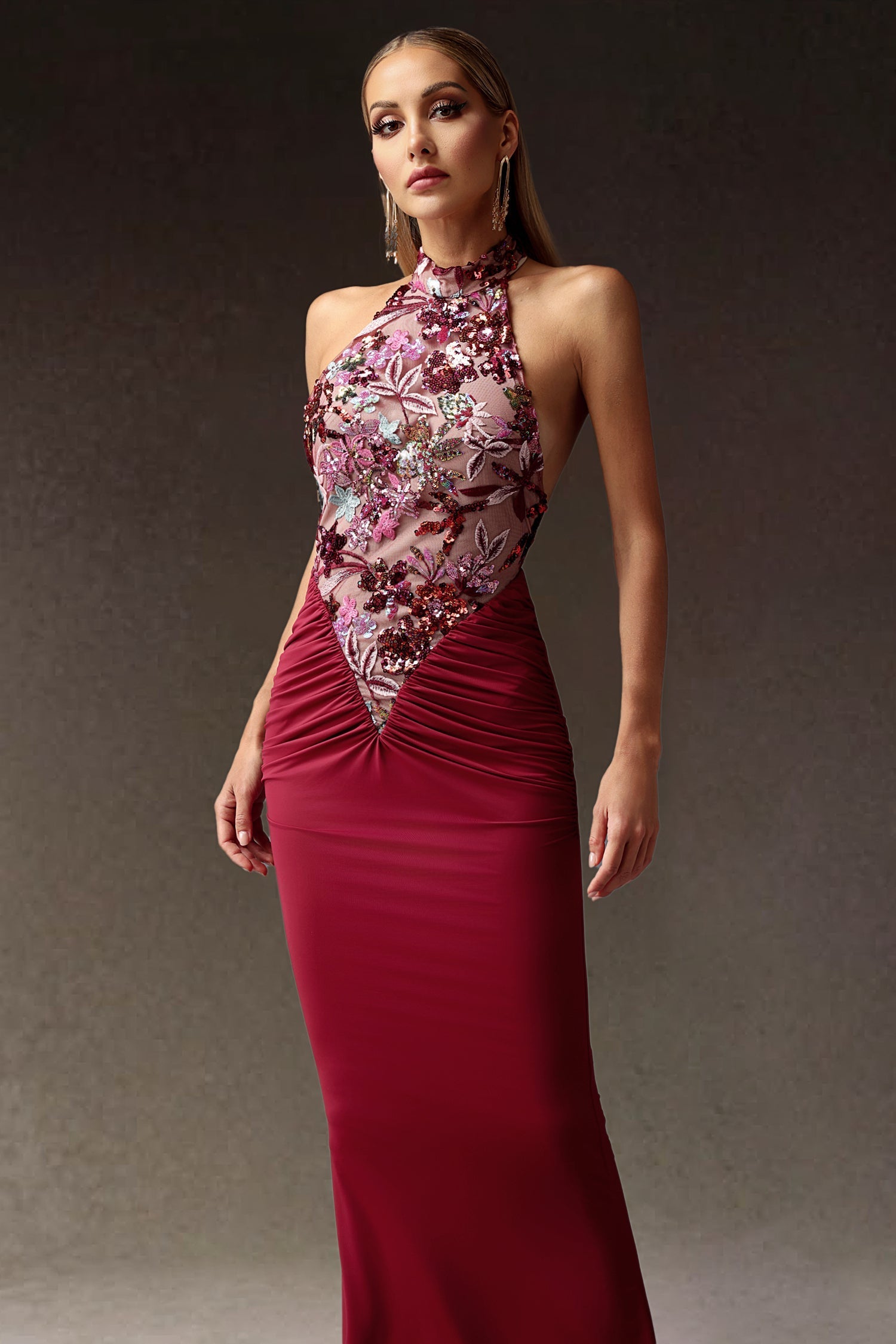 Ellie Red Floral Sequins Halter Maxi Dress