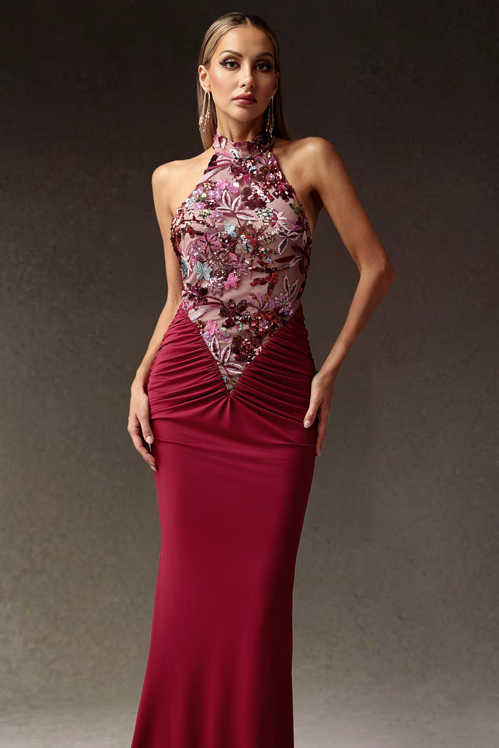 Ellie Red Floral Sequins Maxi Dress