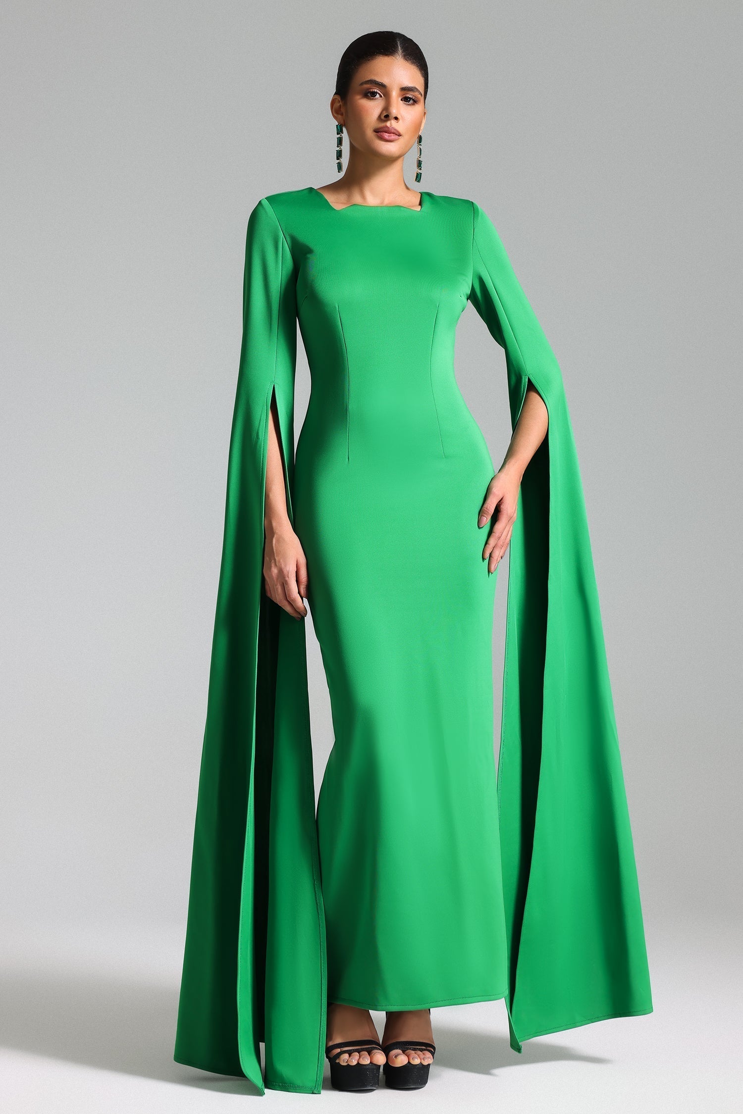 Emanuela Green Flared Sleeve Square Neckline Dress