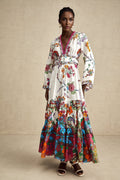 Emanuela Midi Dress - V Neck - Graphic Print - Front Buttons - Shaped Waist - Shirred Back
