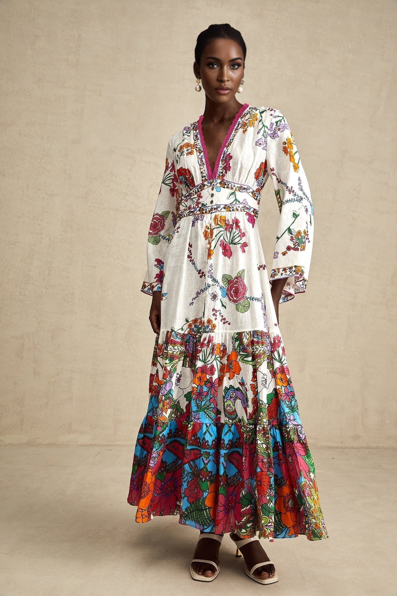 Emanuela Midi Dress - V Neck - Graphic Print - Front Buttons - Shaped Waist - Shirred Back