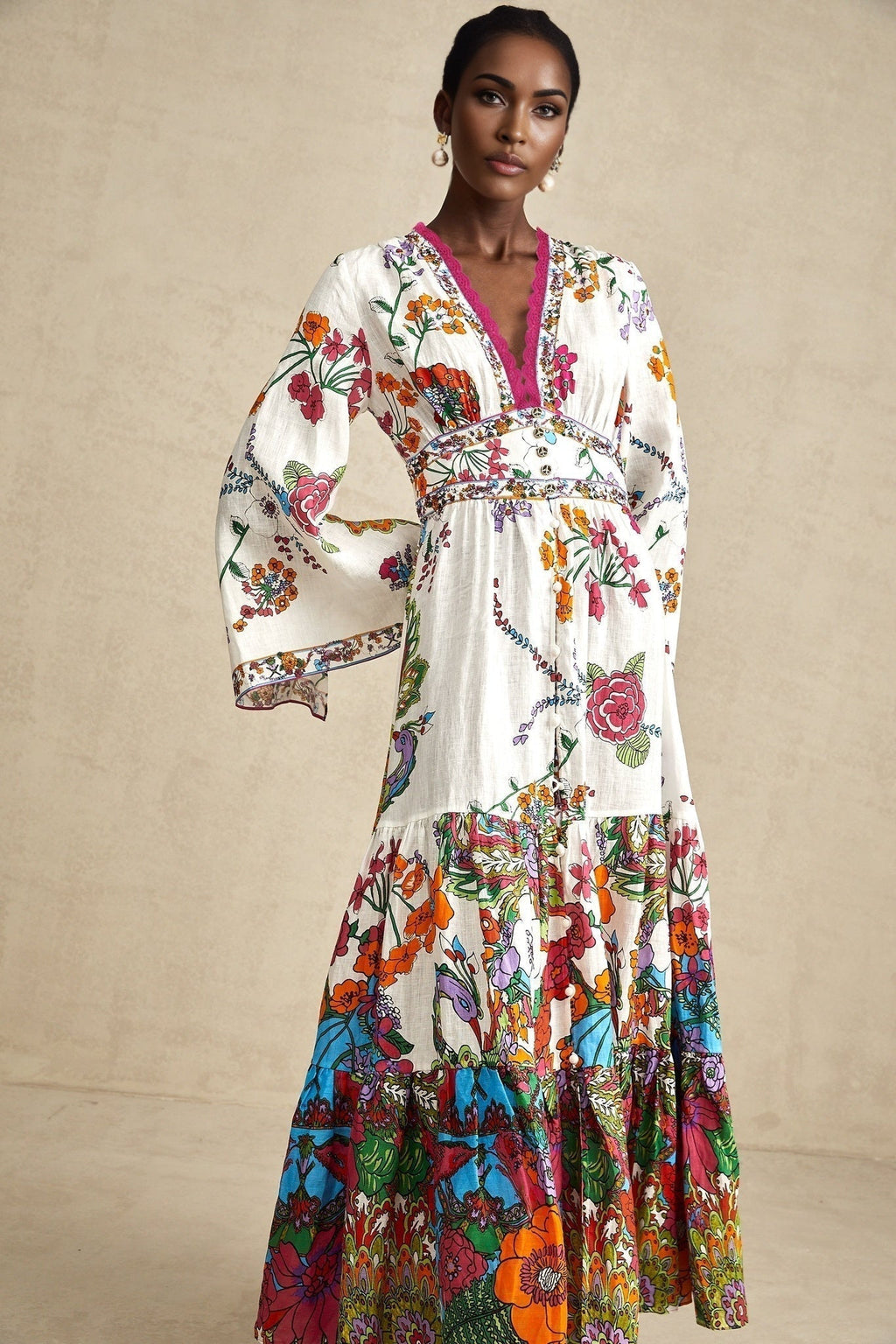 Emanuela Midi Dress - V Neck - Graphic Print - Front Buttons - Shaped Waist - Shirred Back