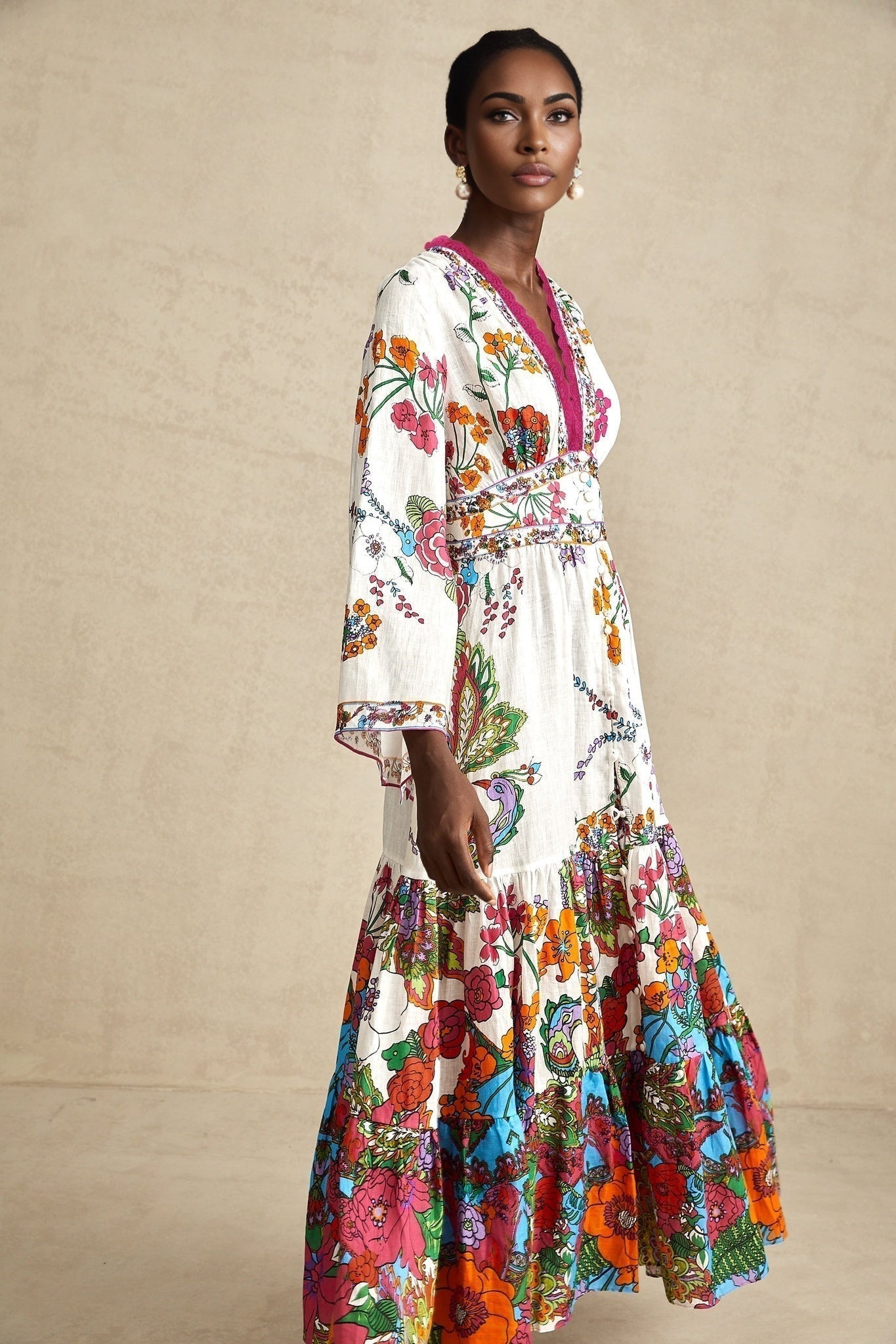 Emanuela Midi Dress - V Neck - Graphic Print - Front Buttons - Shaped Waist - Shirred Back