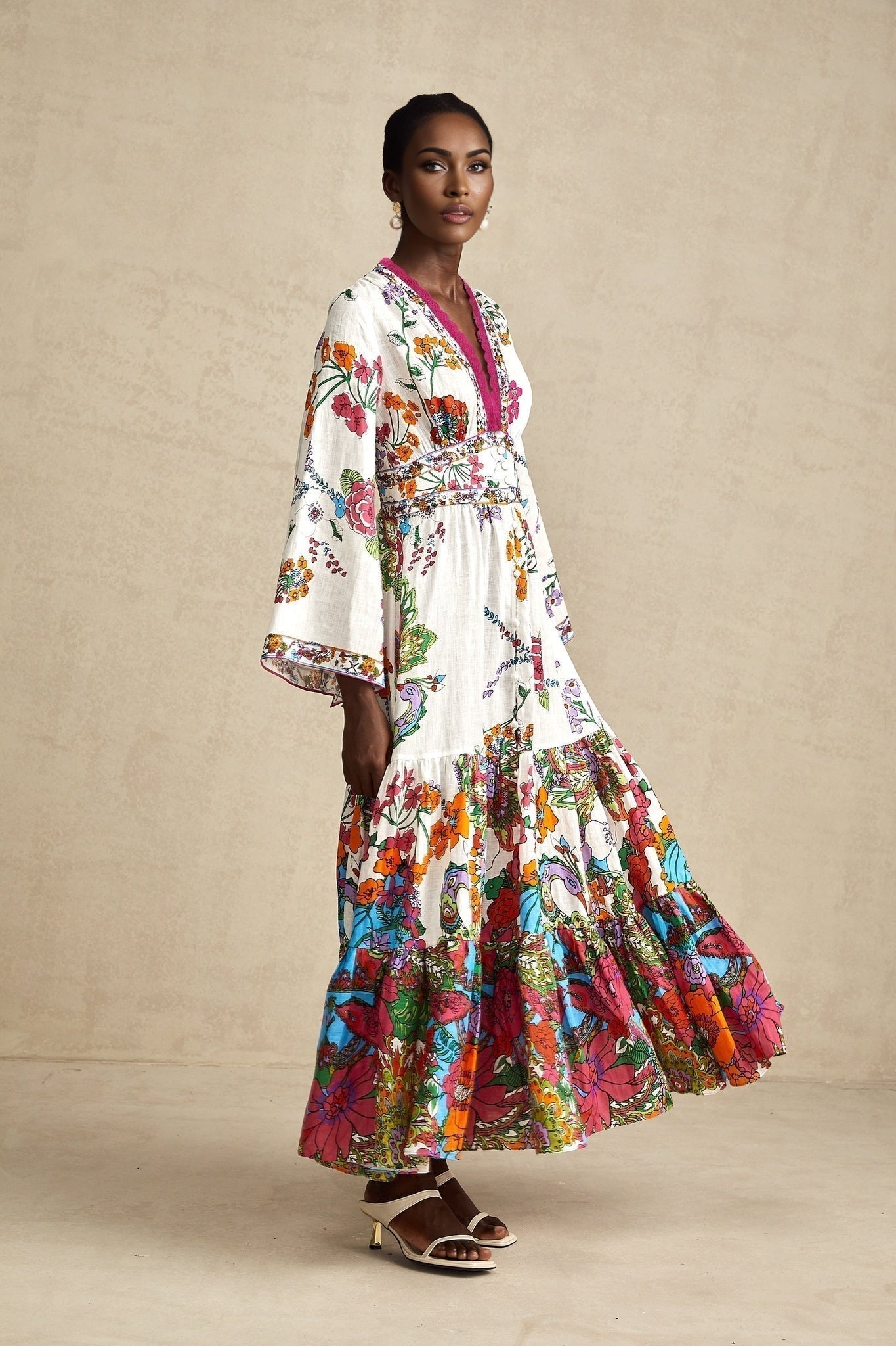 Emanuela Midi Dress - V Neck - Graphic Print - Front Buttons - Shaped Waist - Shirred Back