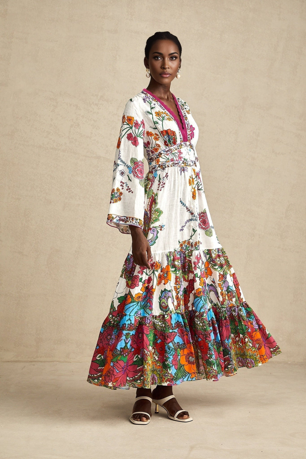 Emanuela Midi Dress - V Neck - Graphic Print - Front Buttons - Shaped Waist - Shirred Back