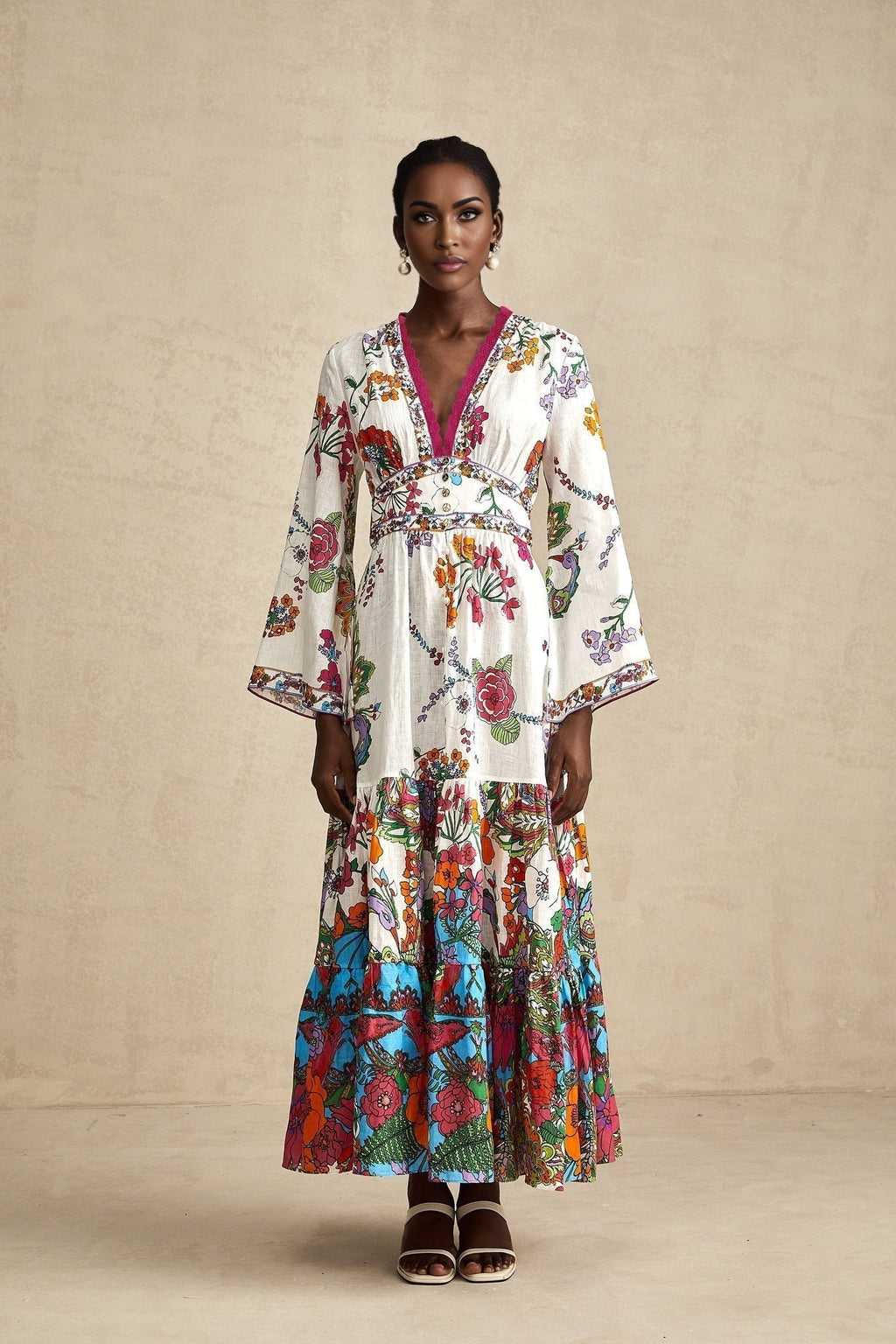 Emanuela Midi Dress - V Neck - Graphic Print - Front Buttons - Shaped Waist - Shirred Back