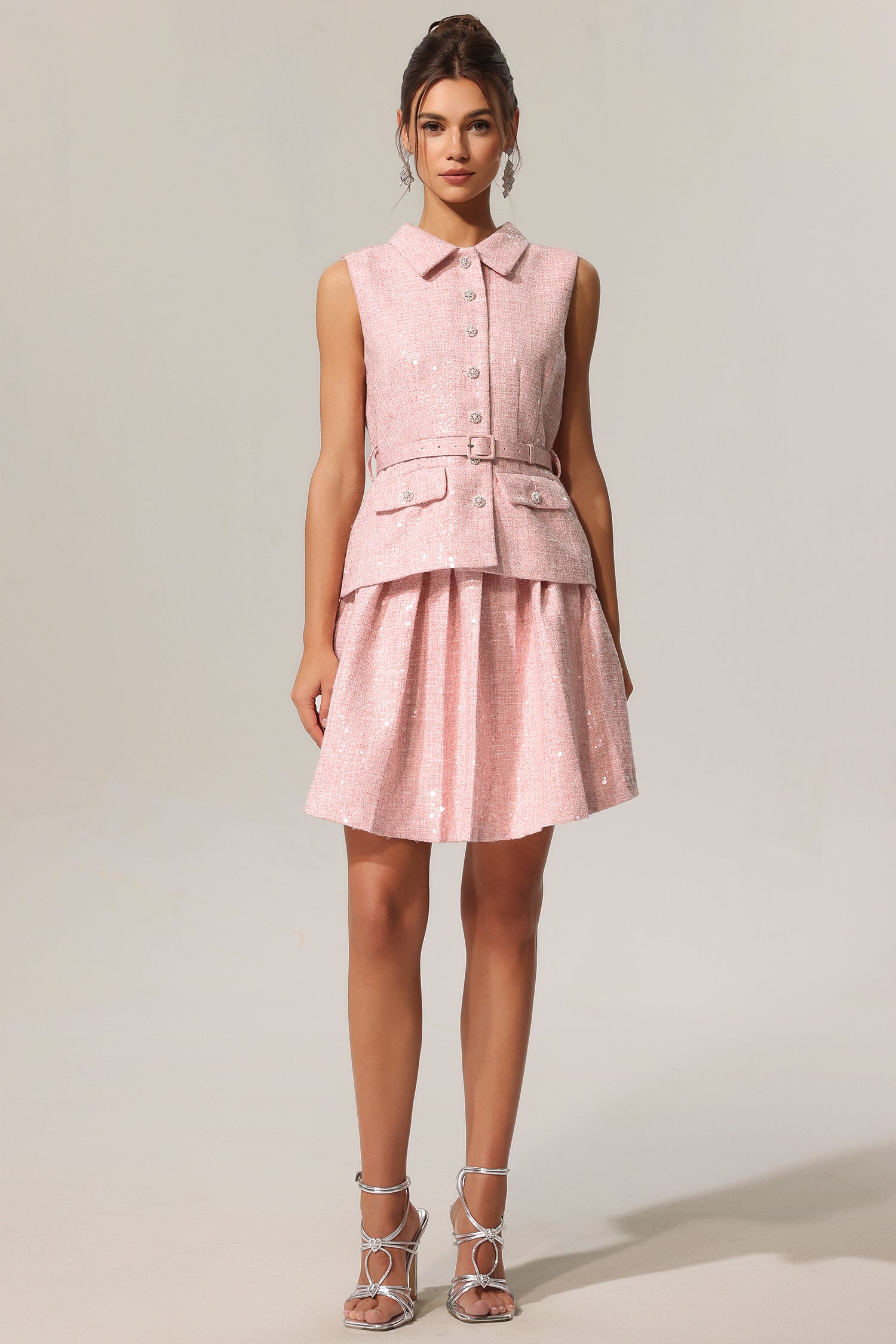 Emanuela Pink Sequin Lapel Mini Dress with Belted Waist and Pleated Skirt