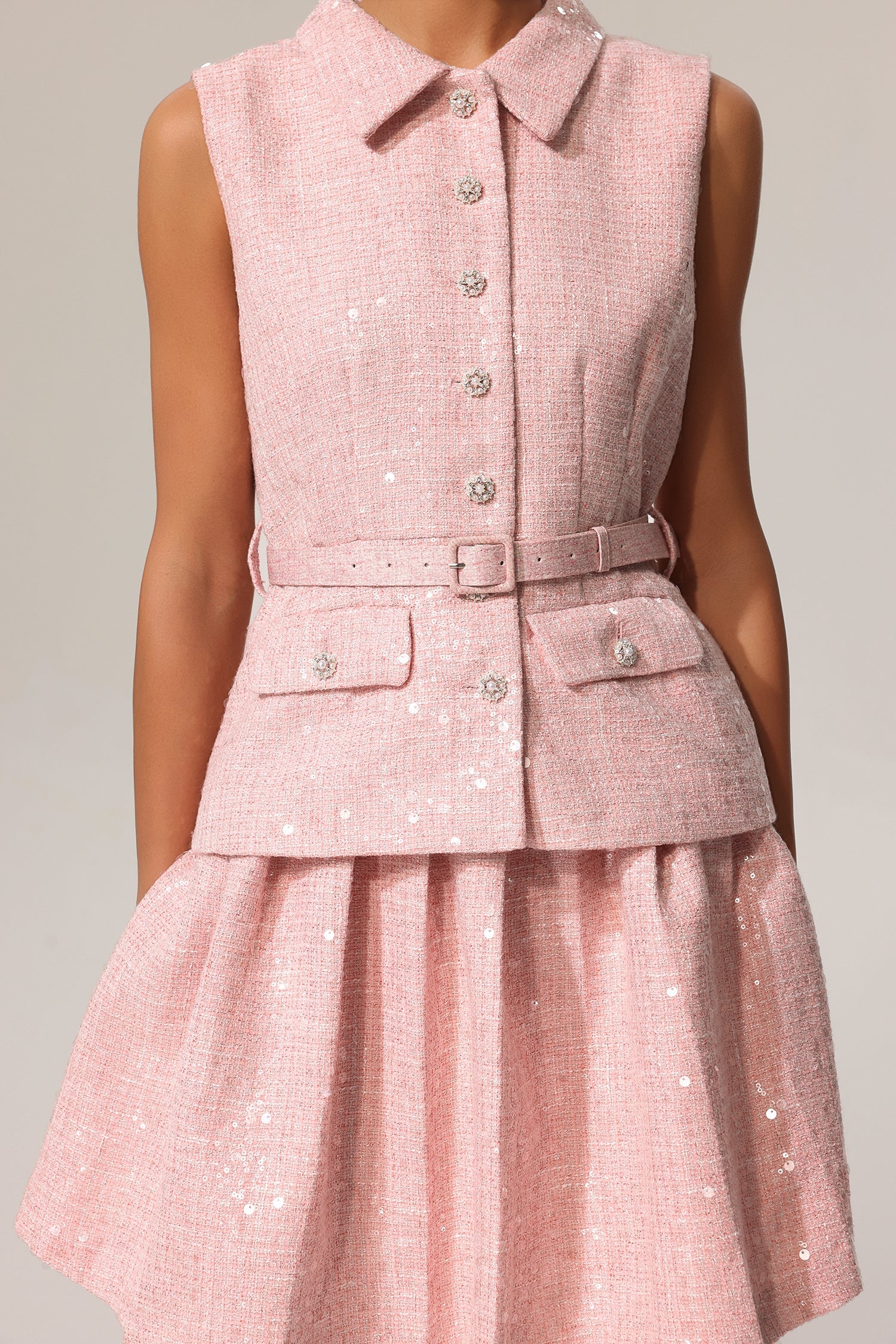 Emanuela Pink Sequin Lapel Sleeveless Mini Dress