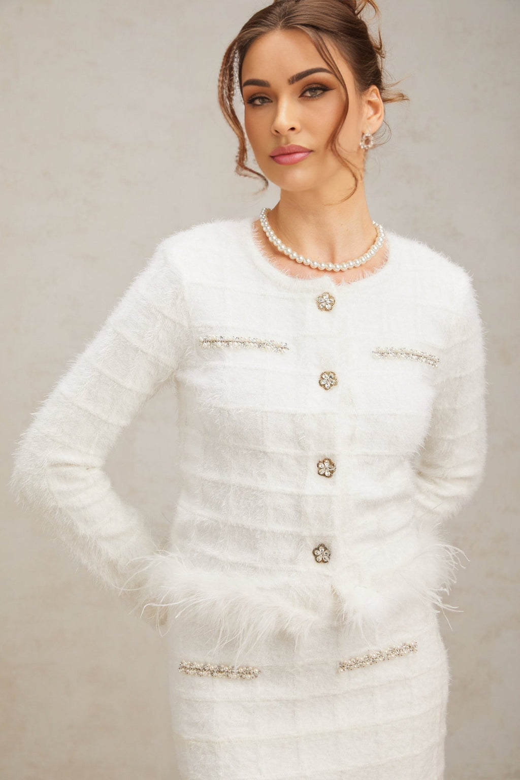 Ember Cardigan & Skirt - Waffle Knit Design - Feather Trim - Crystal Embellishment - Chic Button Detailing