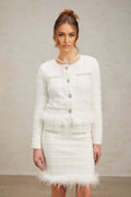 Ember Cardigan & Skirt - Waffle Knit Design - Feather Trim - Crystal Embellishment - Chic Button Detailing