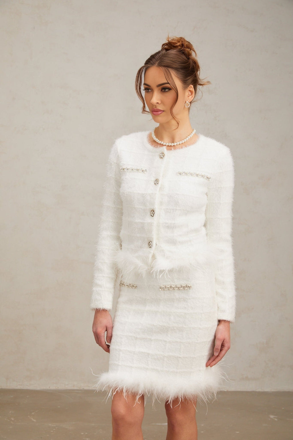 Ember Cardigan & Skirt - Waffle Knit Design - Feather Trim - Crystal Embellishment - Chic Button Detailing