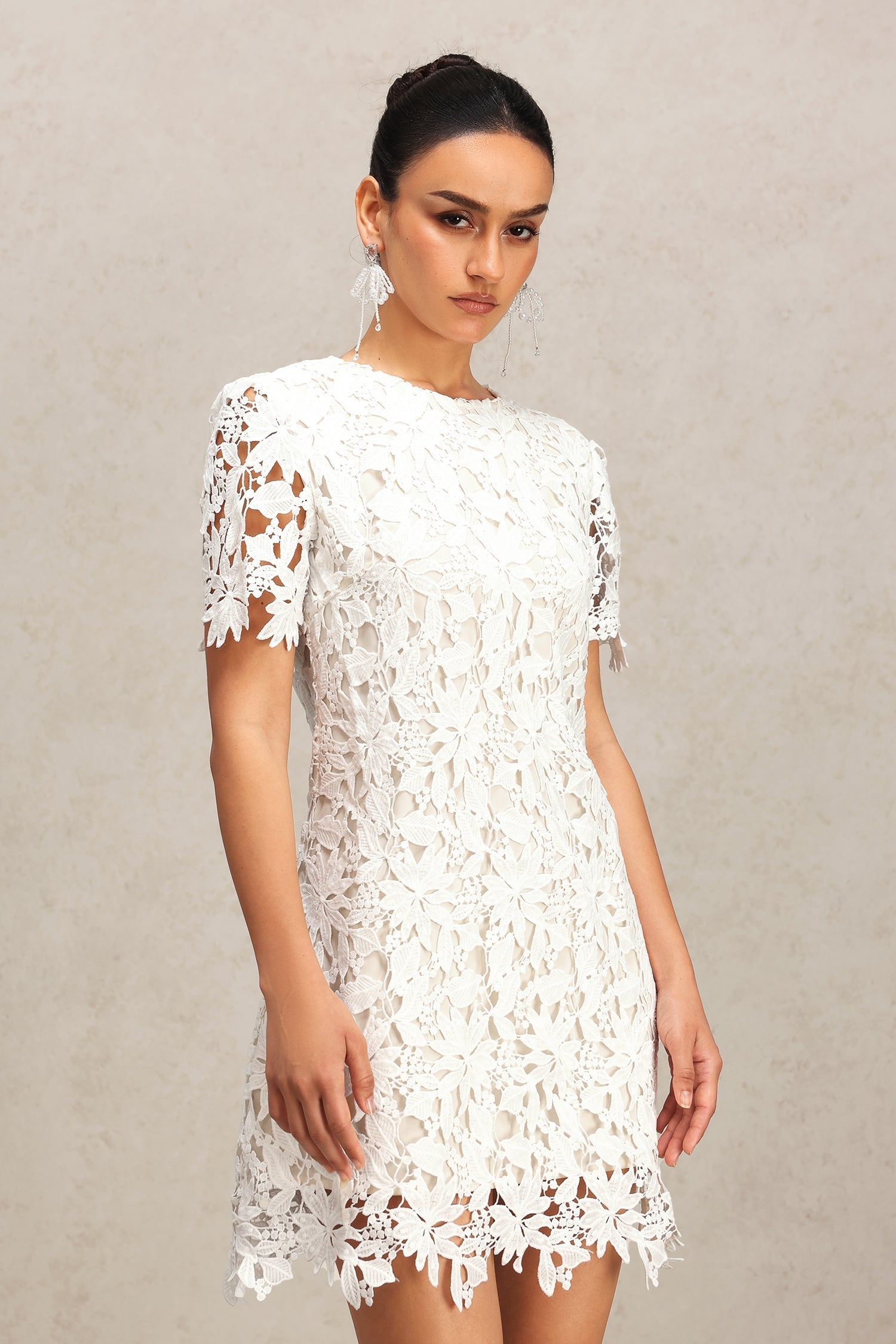 Emerson White Lace Mini Dress with Floral Patterns and Delicate Hem Detailing