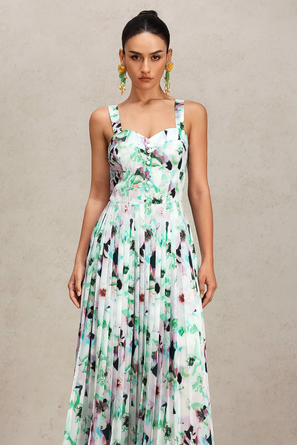 Emery Green Floral Halter Maxi Dress Lightweight Pleating Detailing Elegant Profile Summer Outings Special Occasions