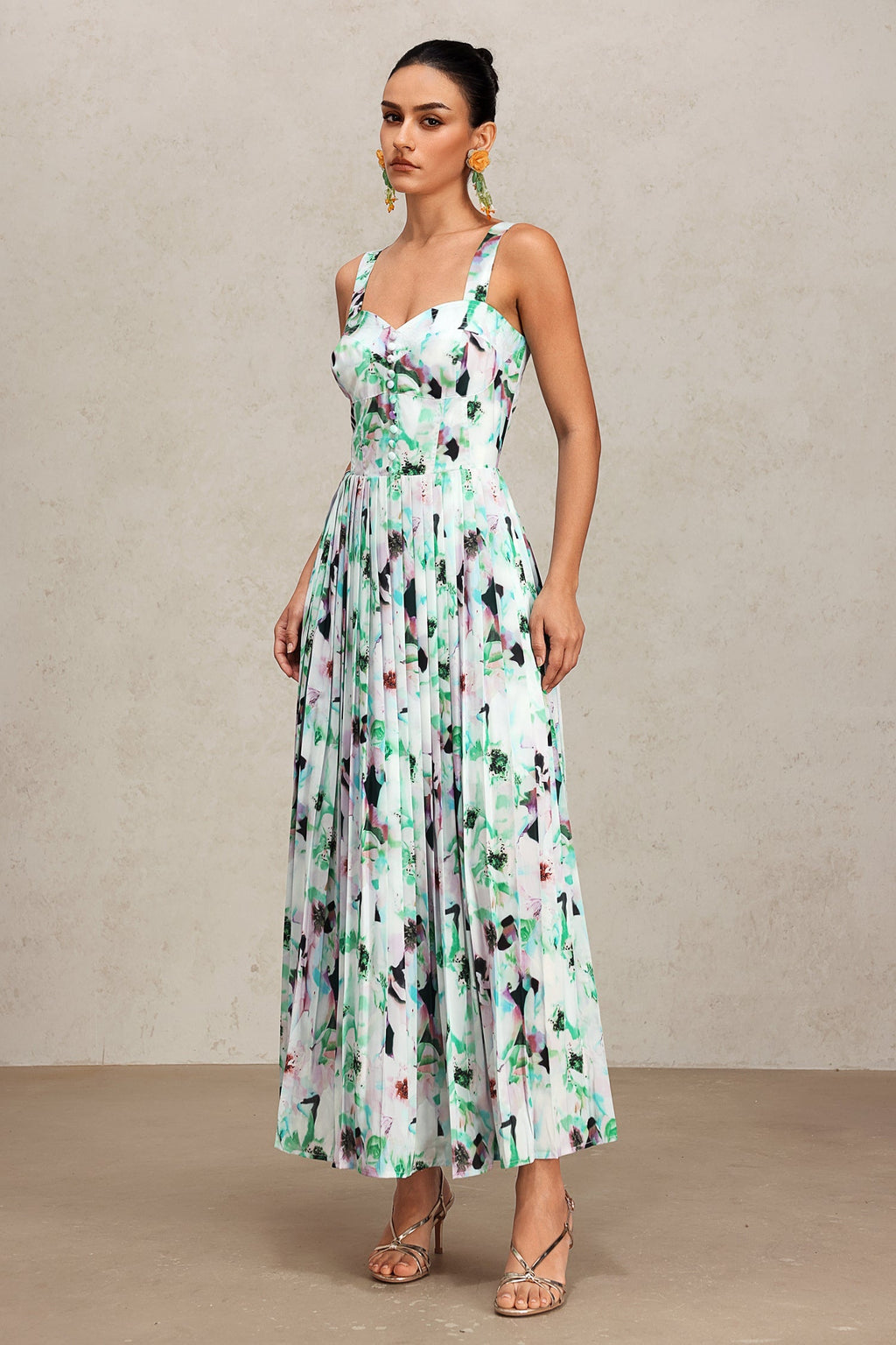 Emery Green Floral Maxi Dress Halter Neckline Pleating Detailing Lightweight Material Elegant Profile Summer Outings Special Occasions