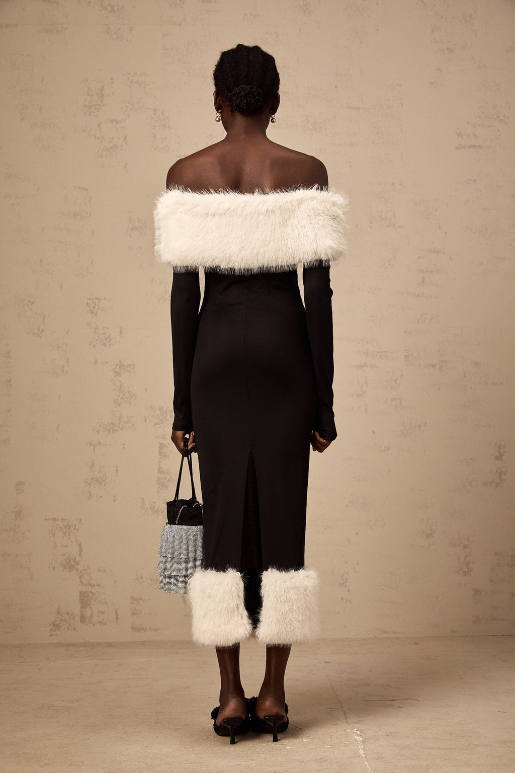 Emery Midi Dress - Off the Shoulder - Long Sleeves - Fitted Silhouette - Detachable Faux - Fur Trim