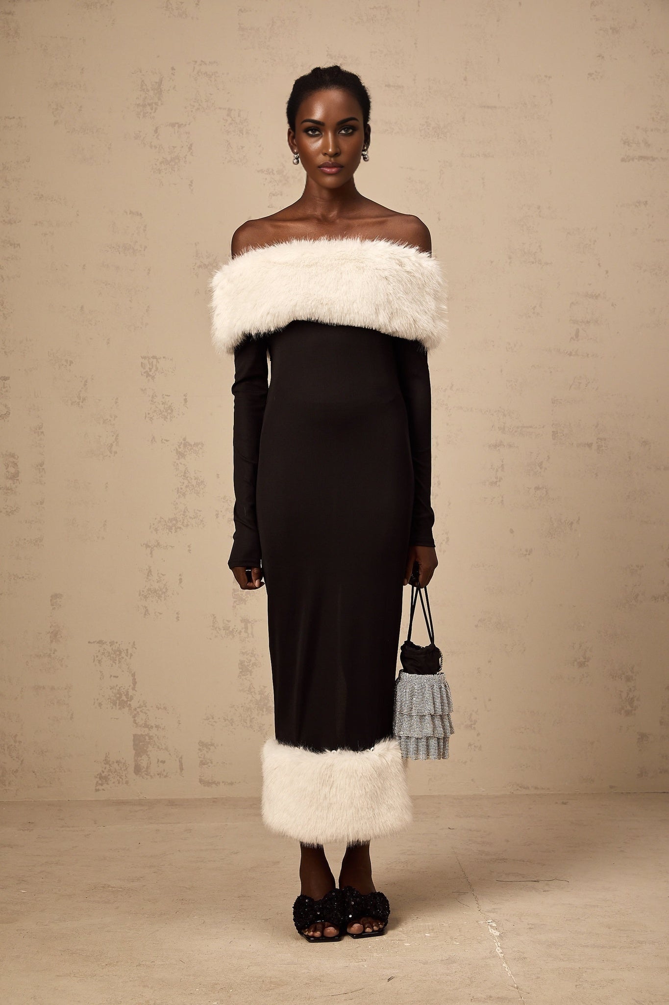 Emery Midi Dress - Off the Shoulder - Long Sleeves - Fitted Silhouette - Detachable Faux - Fur Trim