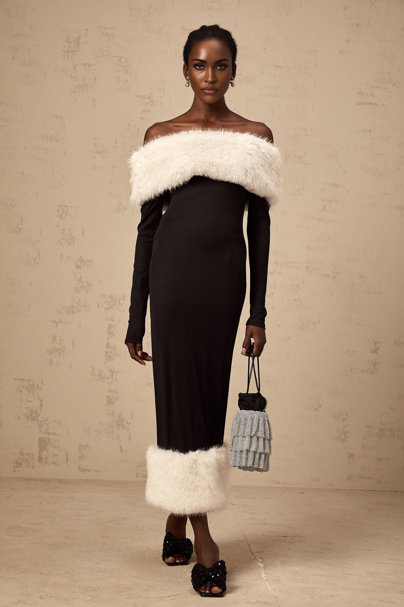 Emery Midi Dress - Off the Shoulder - Long Sleeves - Fitted Silhouette - Detachable Faux - Fur Trim