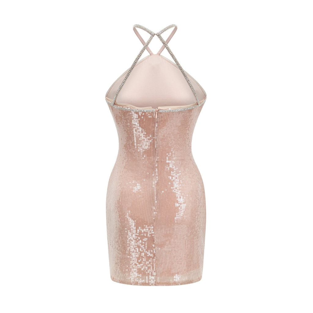 Emery Mini Dress – Sequin – Front Floral Decorated – Crystal Strap