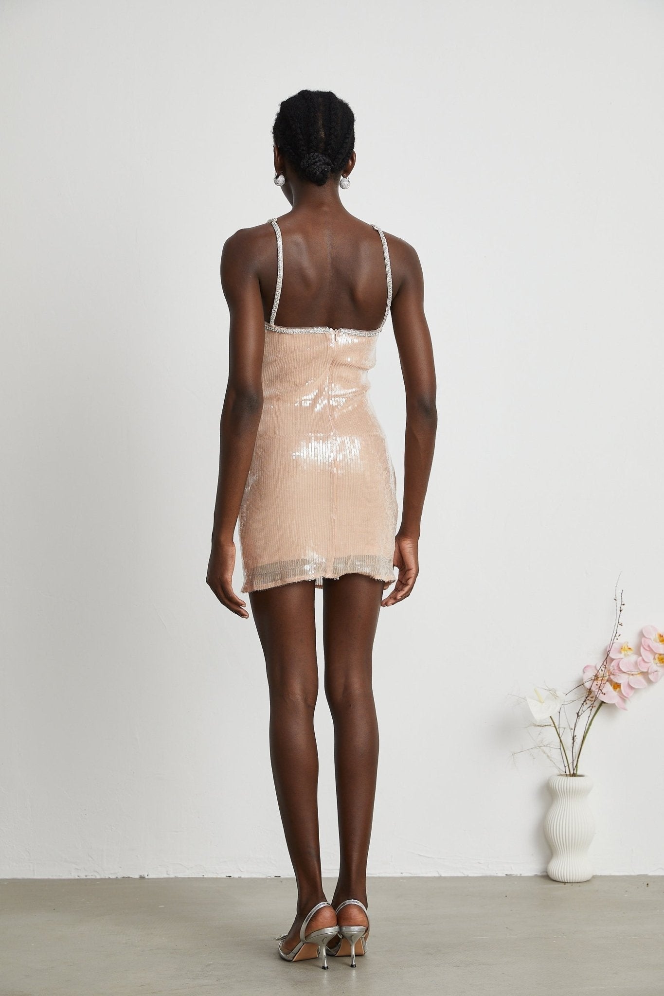 Emery Mini Dress – Sequin – Front Floral Decorated – Crystal Strap