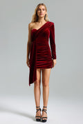 Emery Red Velvet One-Shoulder Pleated Dress