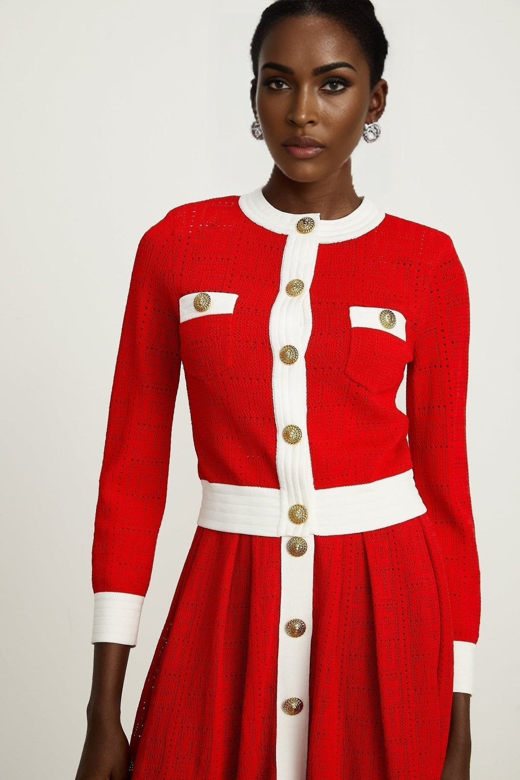 Emilee Cardigan - Pointelle - Round Neck - Long Sleeves - Contrasting Trim - Embossed Gold - Tone Buttons