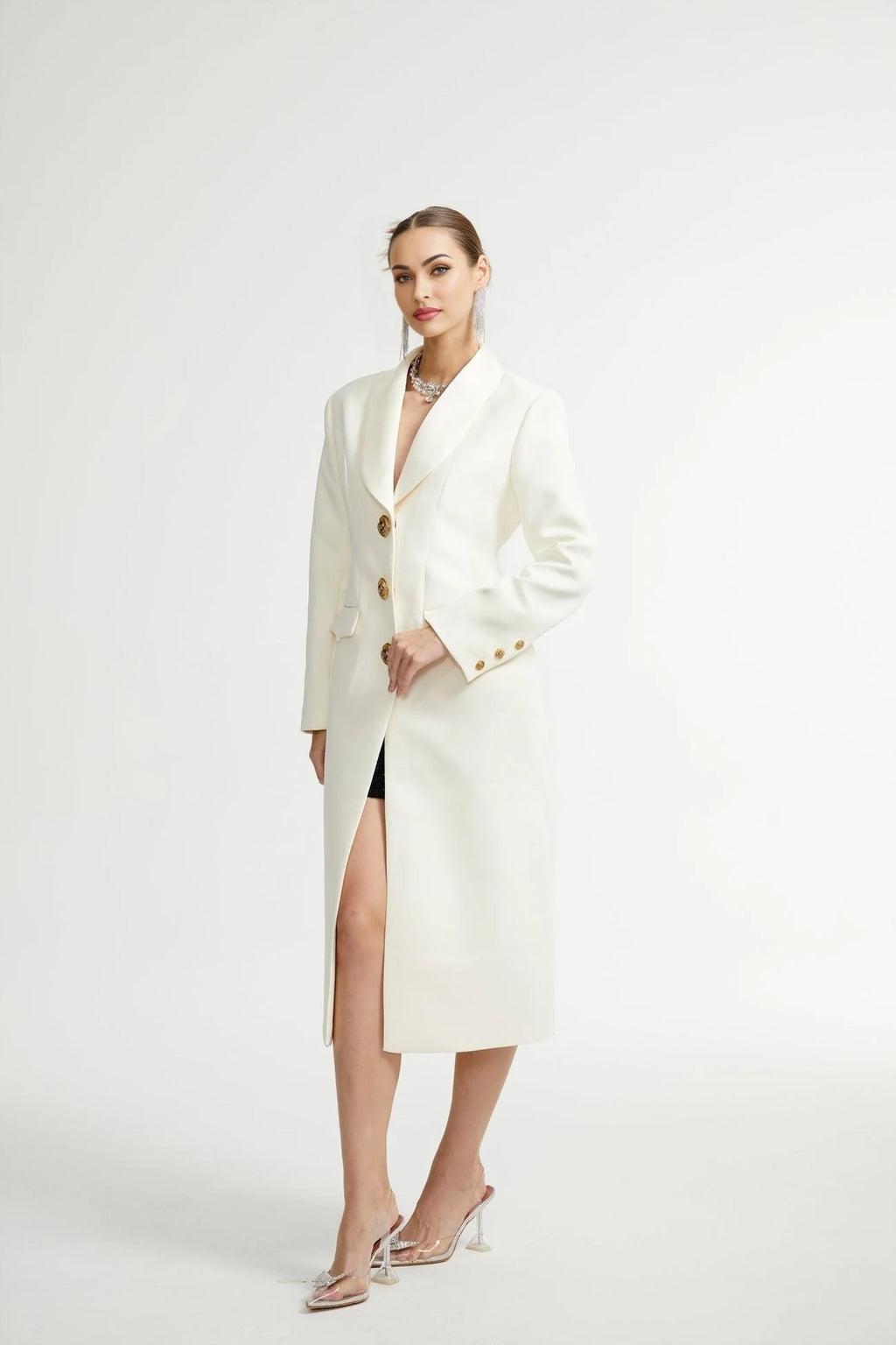 Emilee Coat - Wool Blend - Tonal Lapels - Button Front - Ankle Length