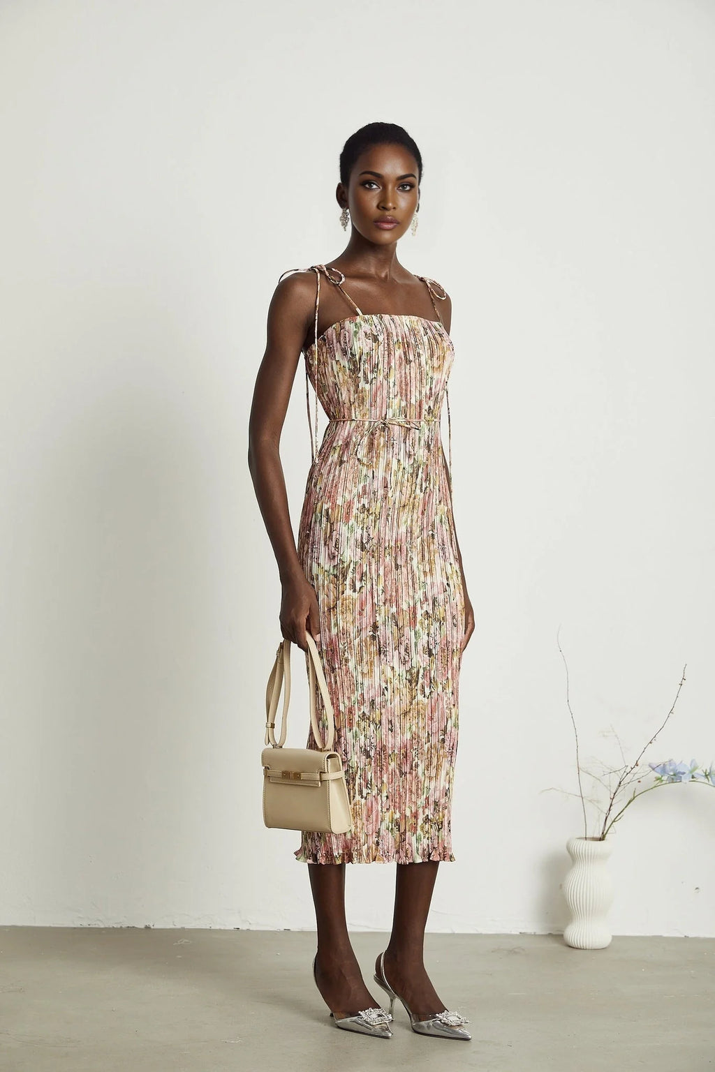 Emilee Midi Dress - Square Neckline - Sleeveless - Tied Shoulder Straps - Rose