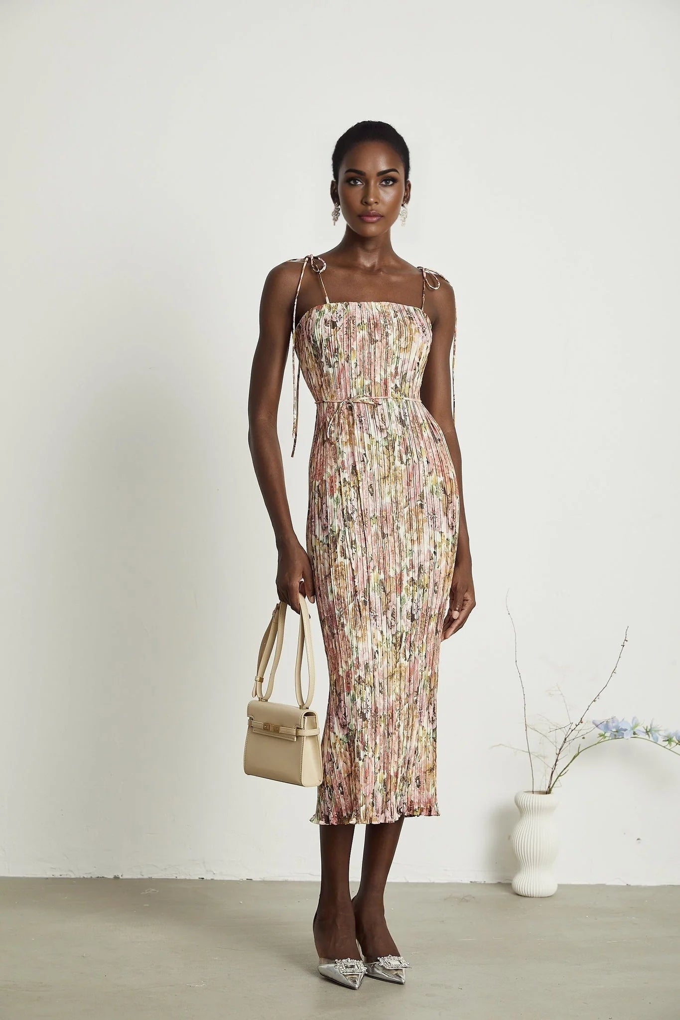 Emilee Midi Dress - Square Neckline - Sleeveless - Tied Shoulder Straps - Rose