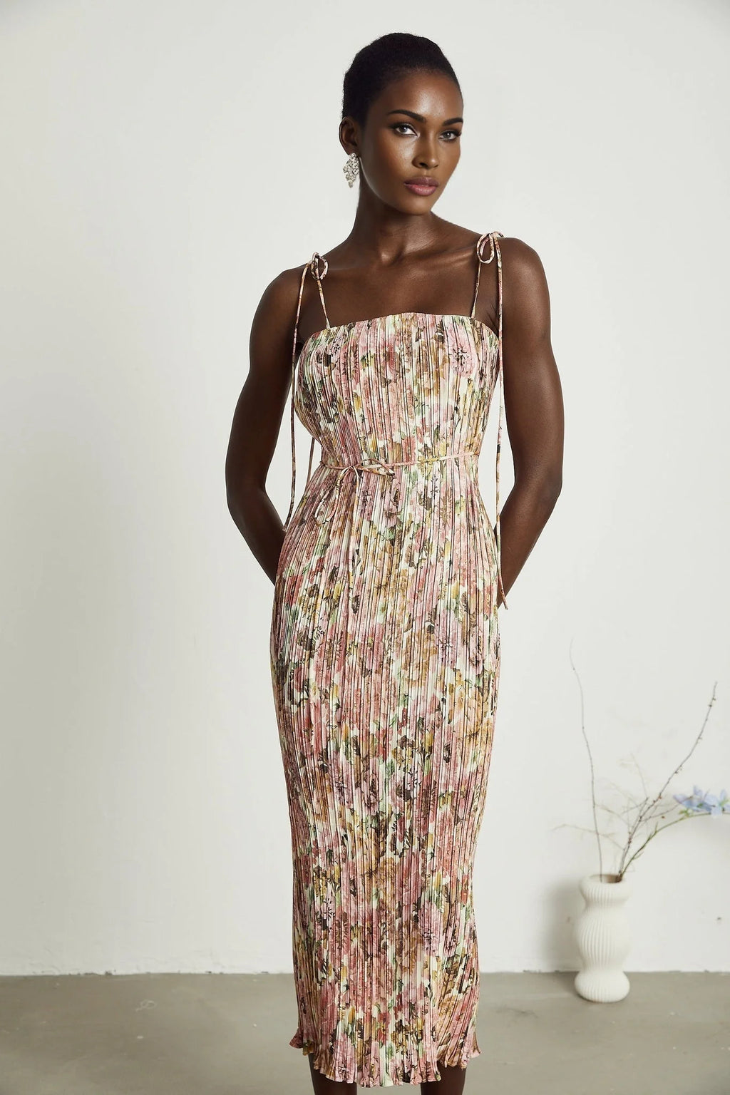 Emilee Midi Dress - Square Neckline - Sleeveless - Tied Shoulder Straps - Rose