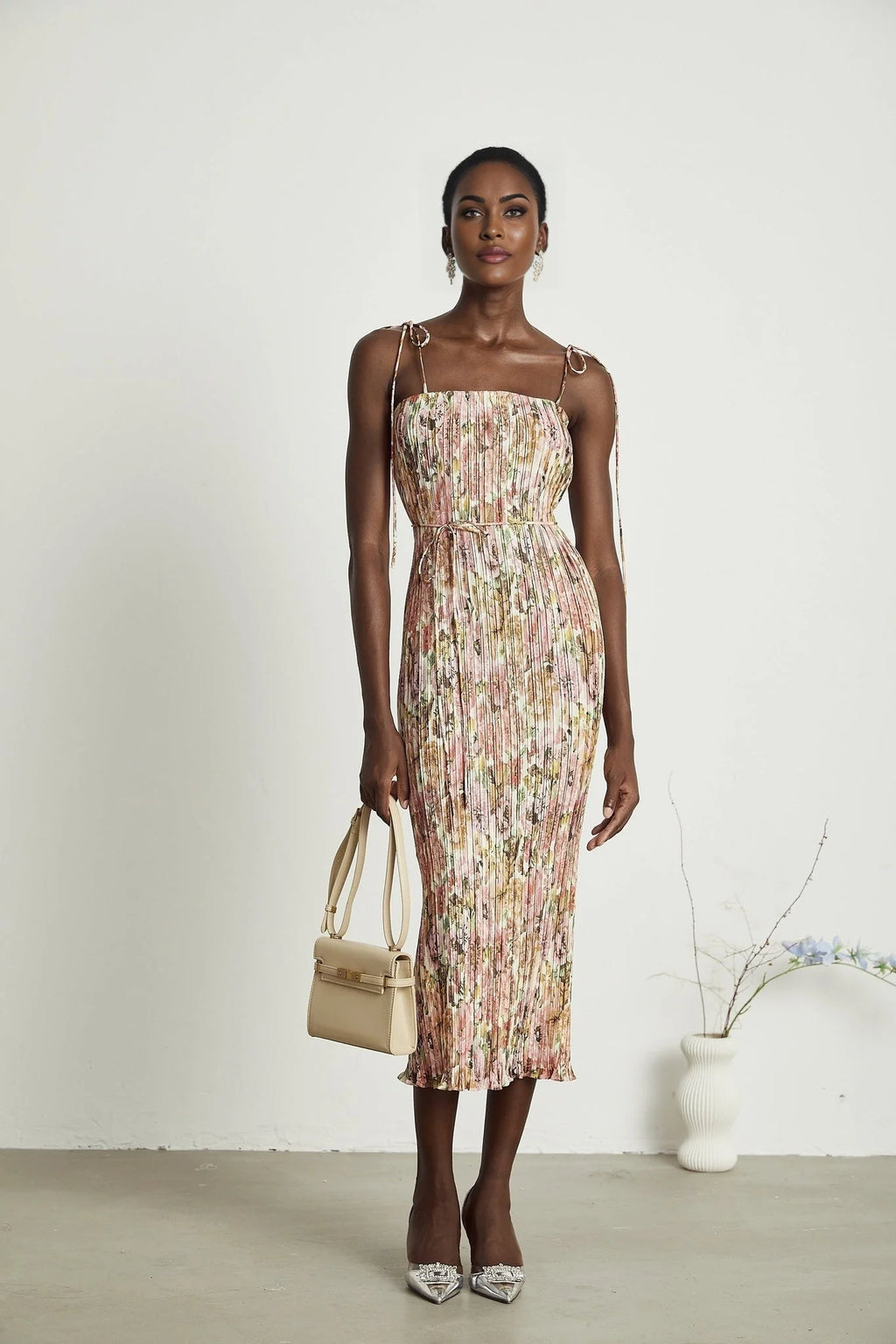 Emilee Midi Dress - Square Neckline - Sleeveless - Tied Shoulder Straps - Rose