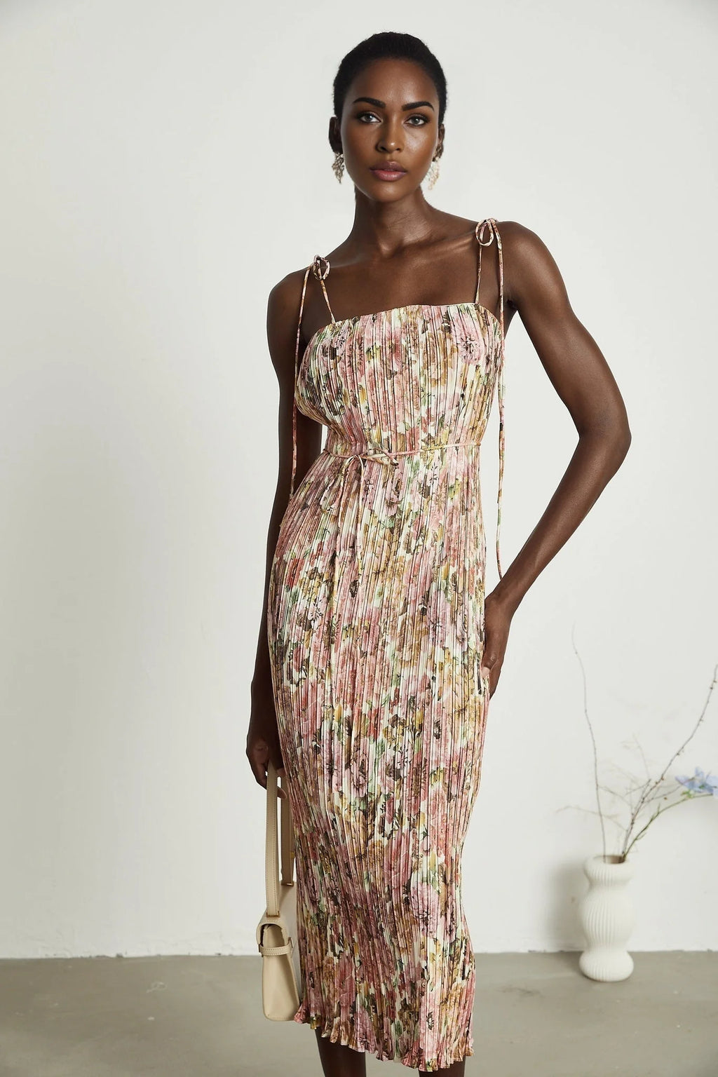 Emilee Midi Dress - Square Neckline - Sleeveless - Tied Shoulder Straps - Rose