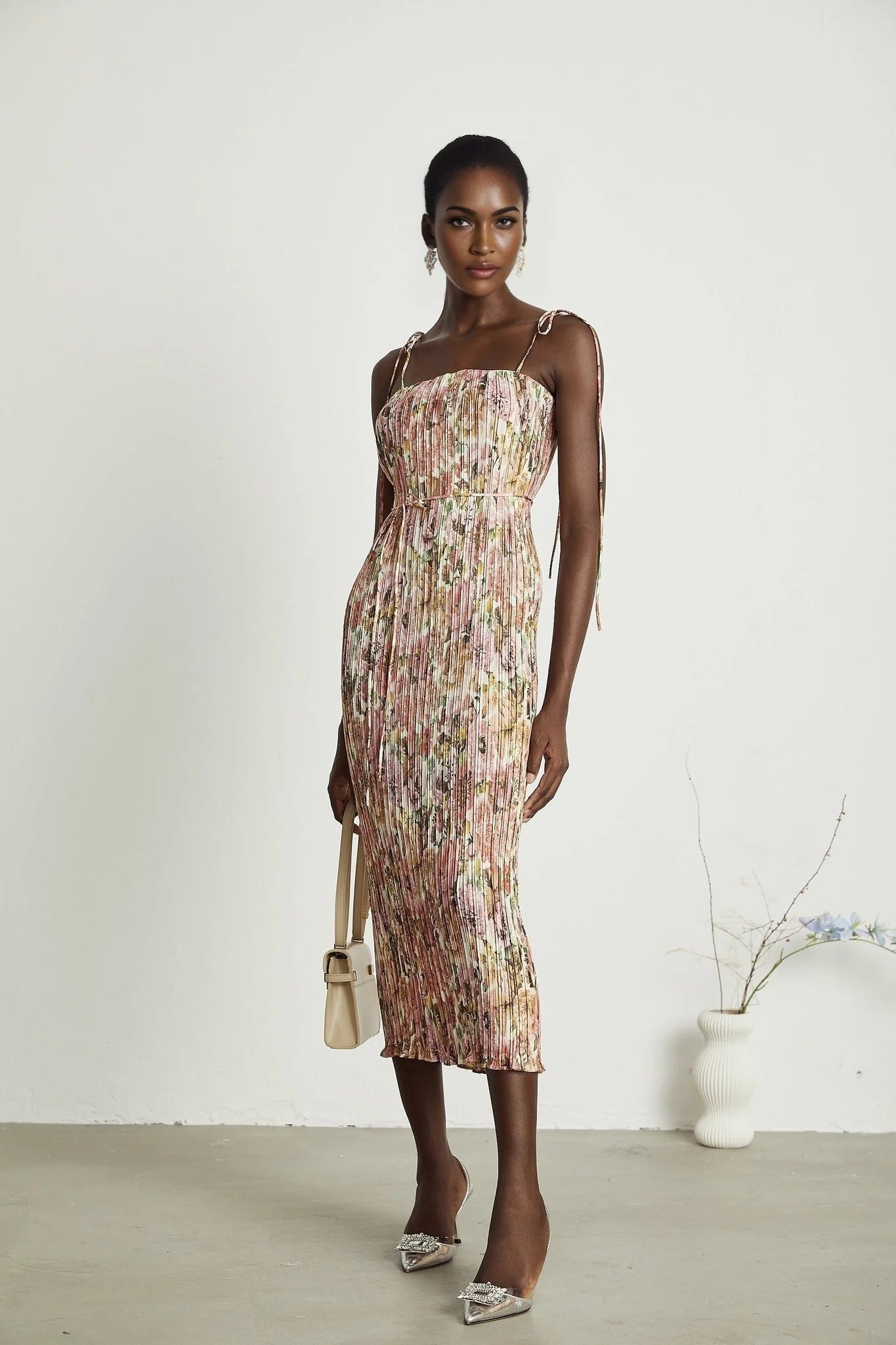 Emilee Midi Dress - Square Neckline - Sleeveless - Tied Shoulder Straps - Rose