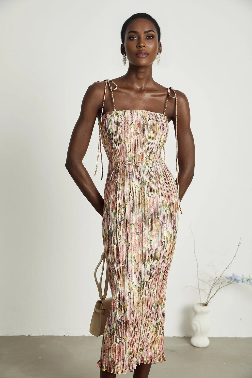 Emilee Midi Dress - Square Neckline - Sleeveless - Tied Shoulder Straps - Rose