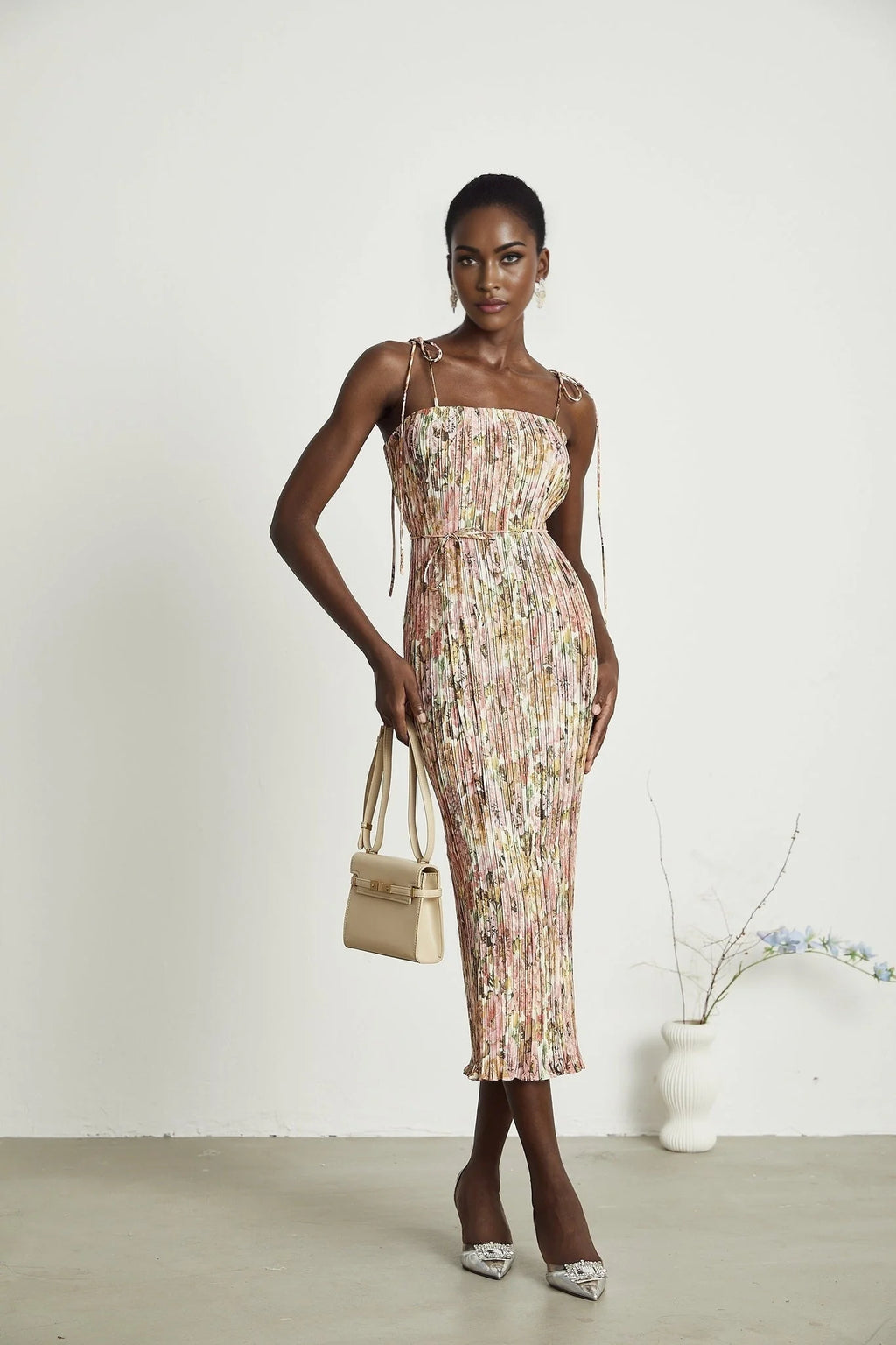 Emilee Midi Dress - Square Neckline - Sleeveless - Tied Shoulder Straps - Rose