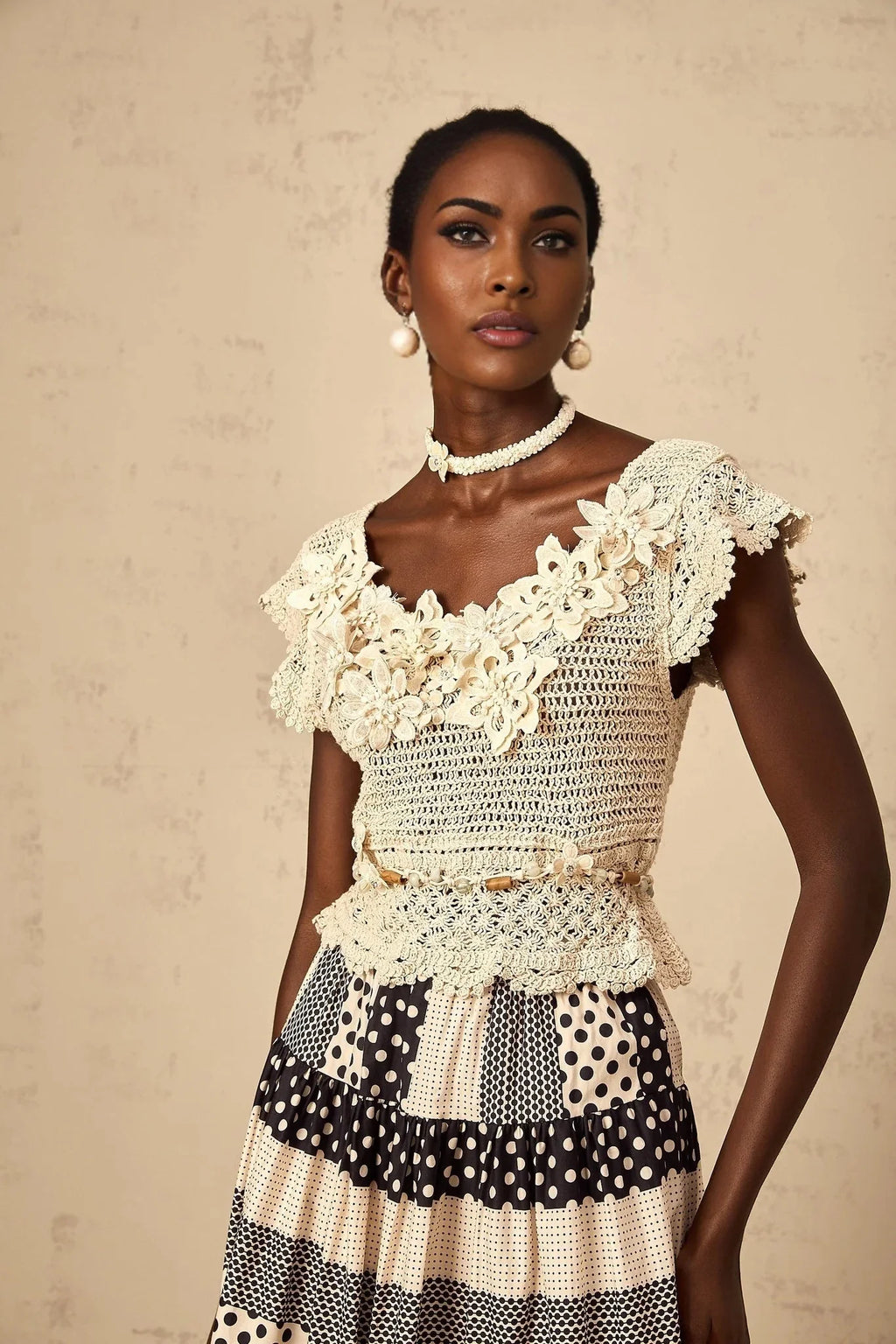 Emilee Top Beaded Crochet 3D - Petal Cut - Out & Bead Embellishment