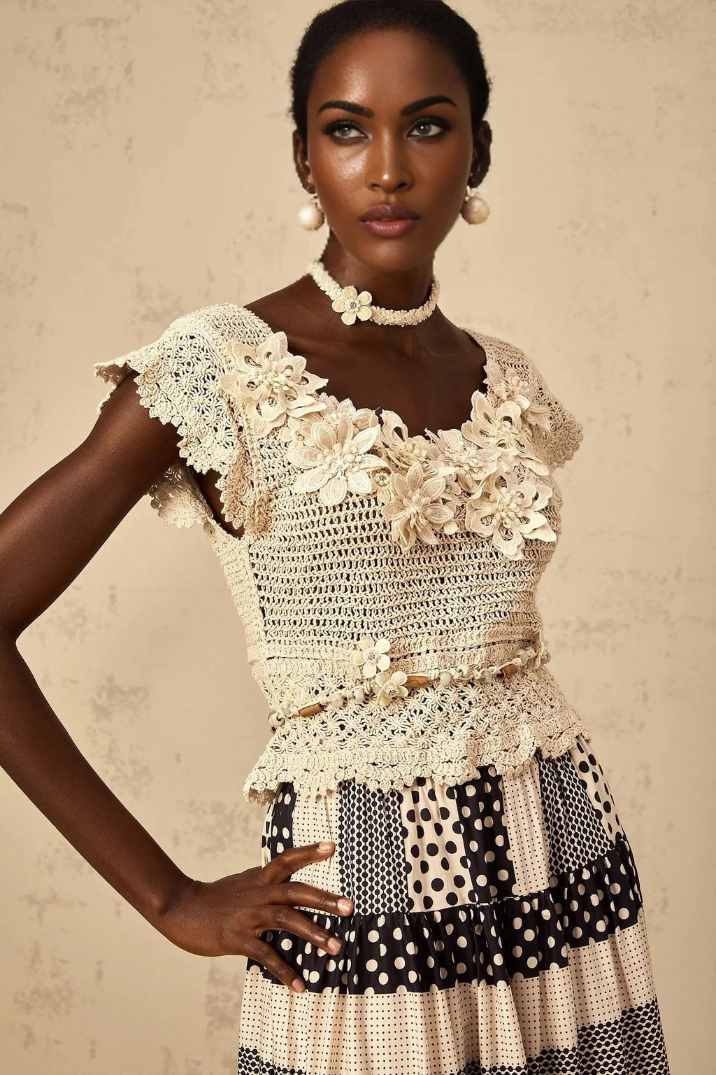 Emilee Top Beaded Crochet 3D - Petal Cut - Out & Bead Embellishment