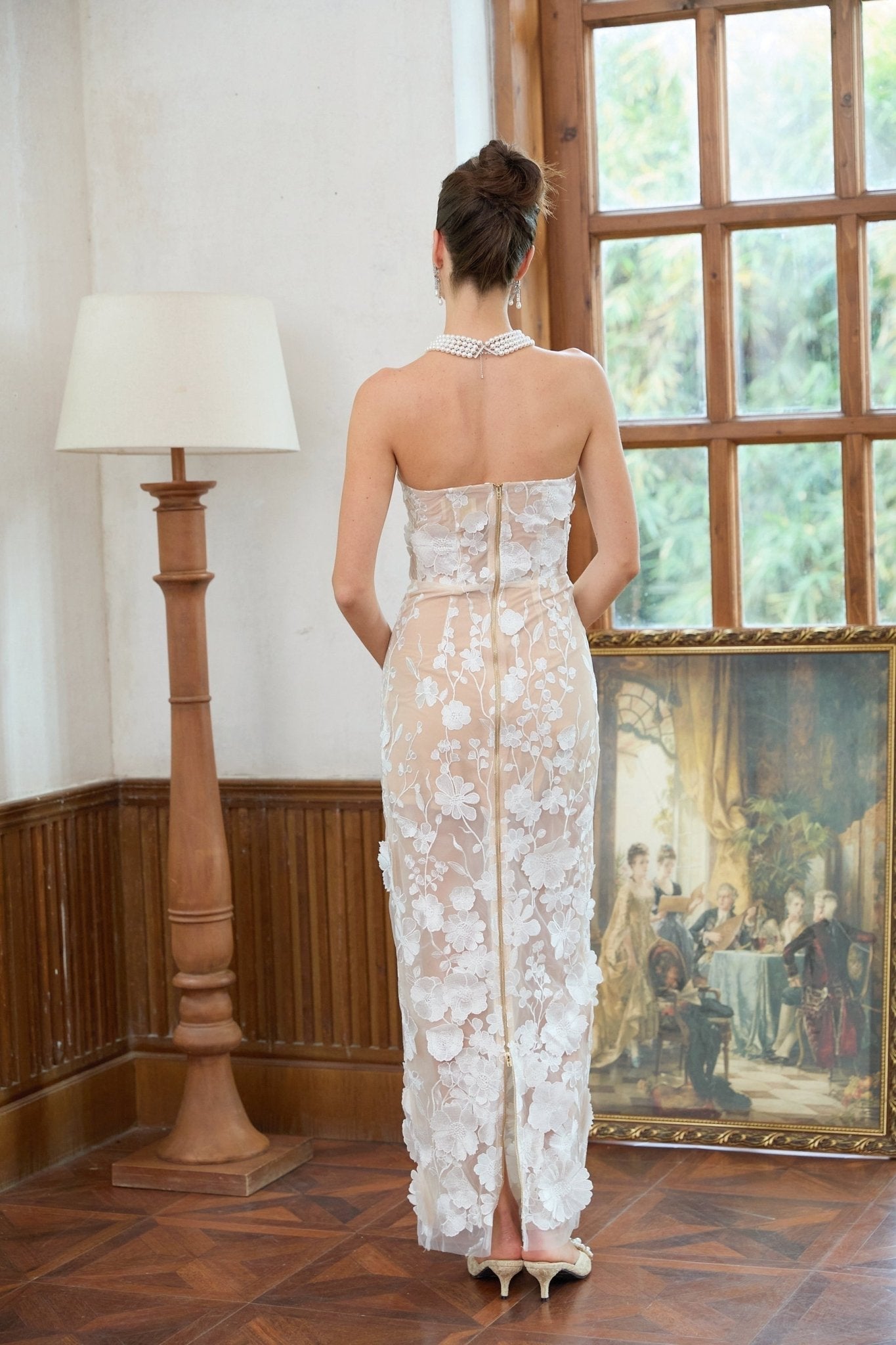 Emilia Floral Maxi Dress - Corset Style Top - Boned Bodice - Feminine Floral Appliqués - Maxi Length