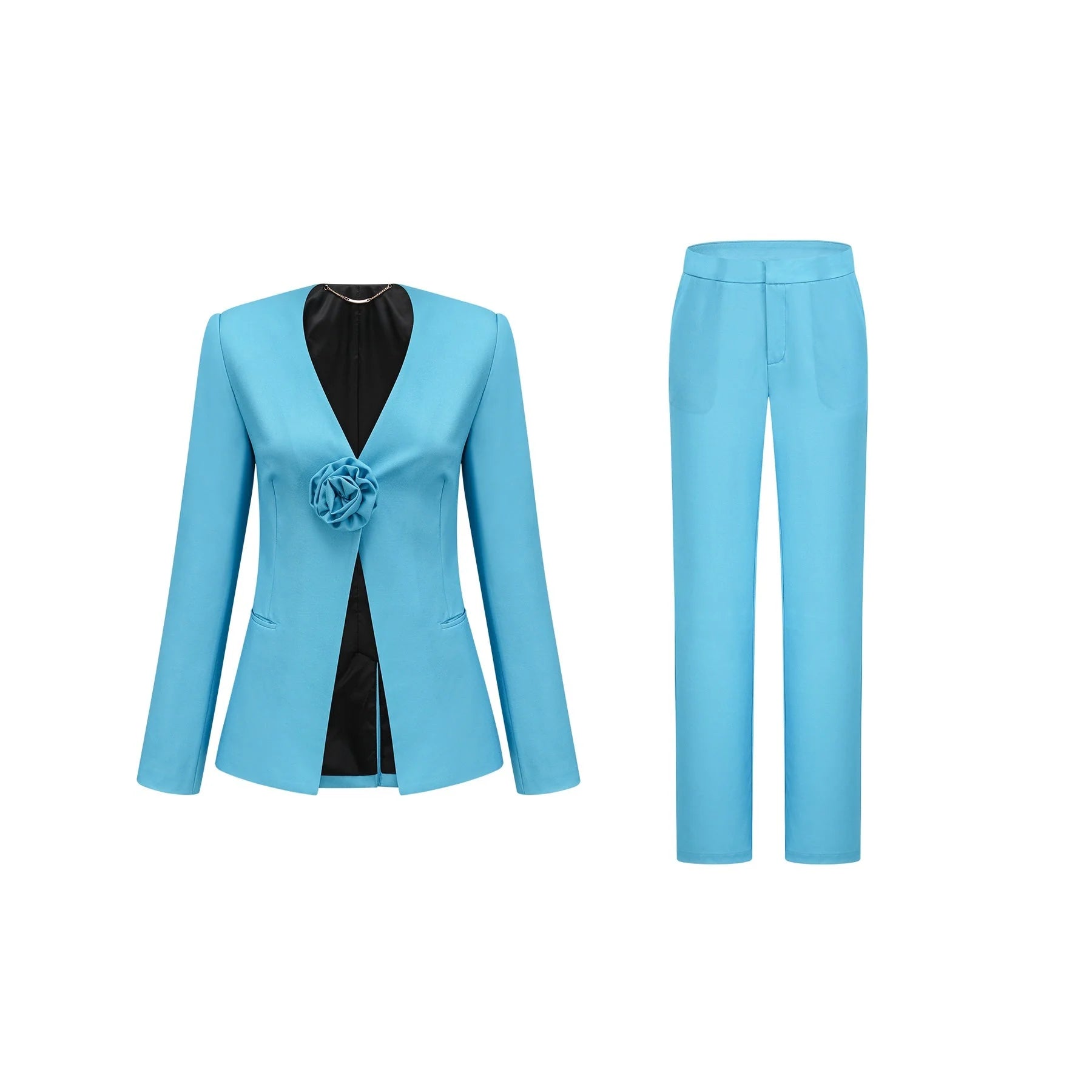 Emilia Jacket & Trousers Set - V Neck Design - Floral Appliqué - High Waist Flared Trousers - Front Button Fastening - Stylish Ensemble