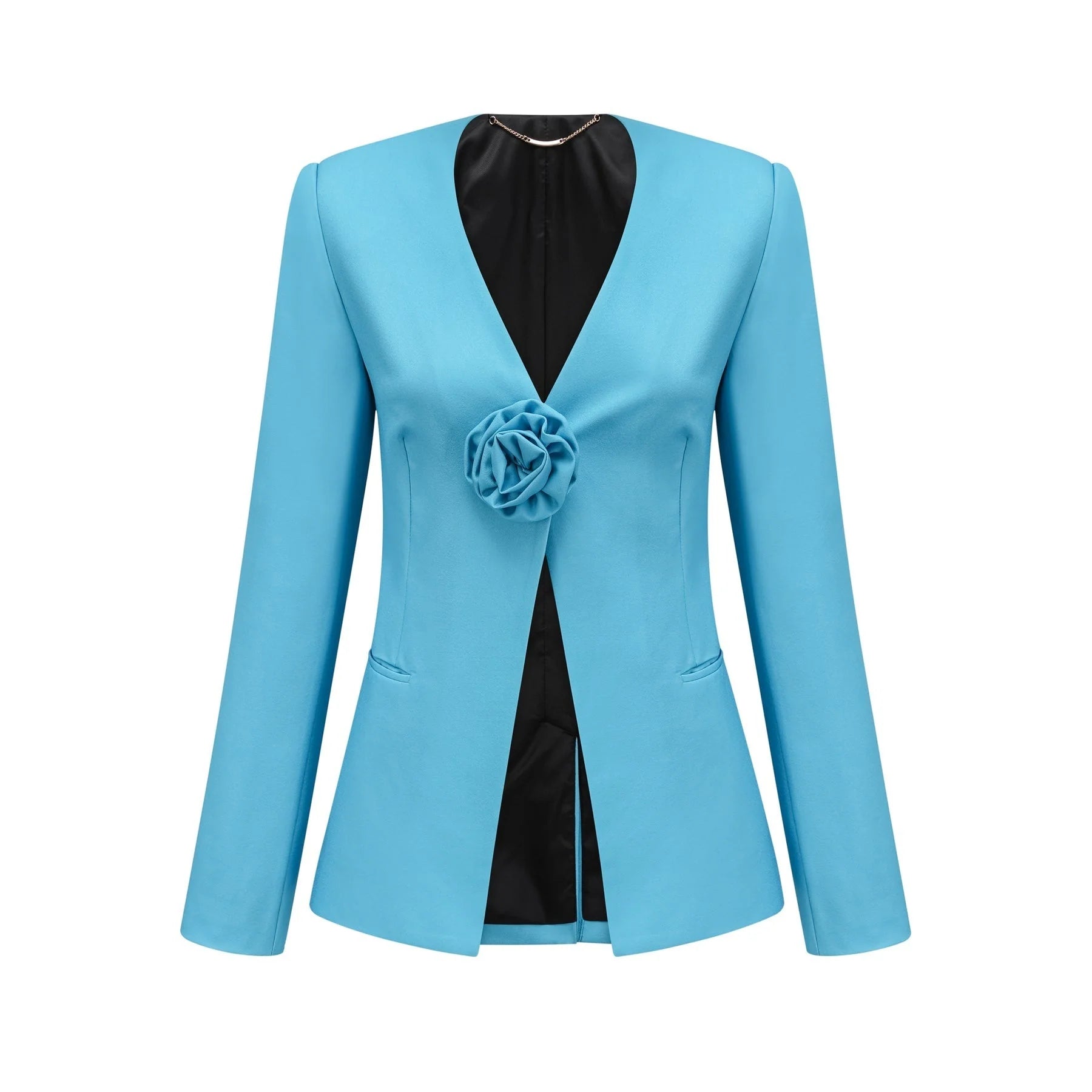 Emilia Jacket & Trousers Set - V Neck Design - Floral Appliqué - High Waist Flared Trousers - Front Button Fastening - Stylish Ensemble