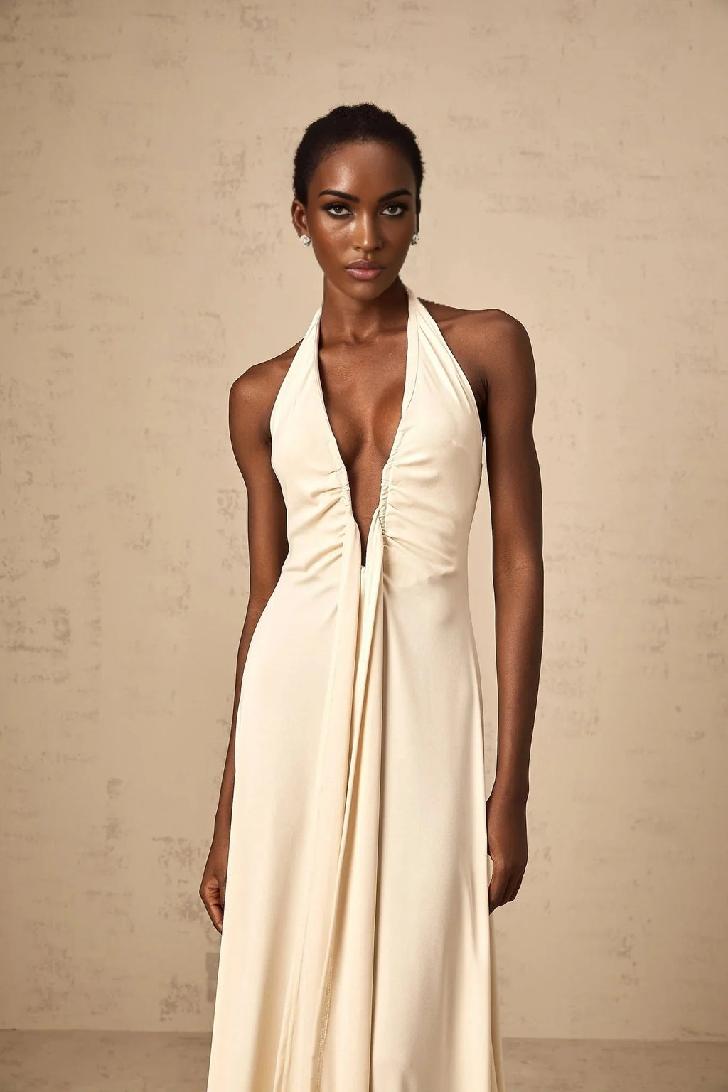 Emilia Maxi Dress White Deep - V Draped Ribbon Ruched Ankle - Length