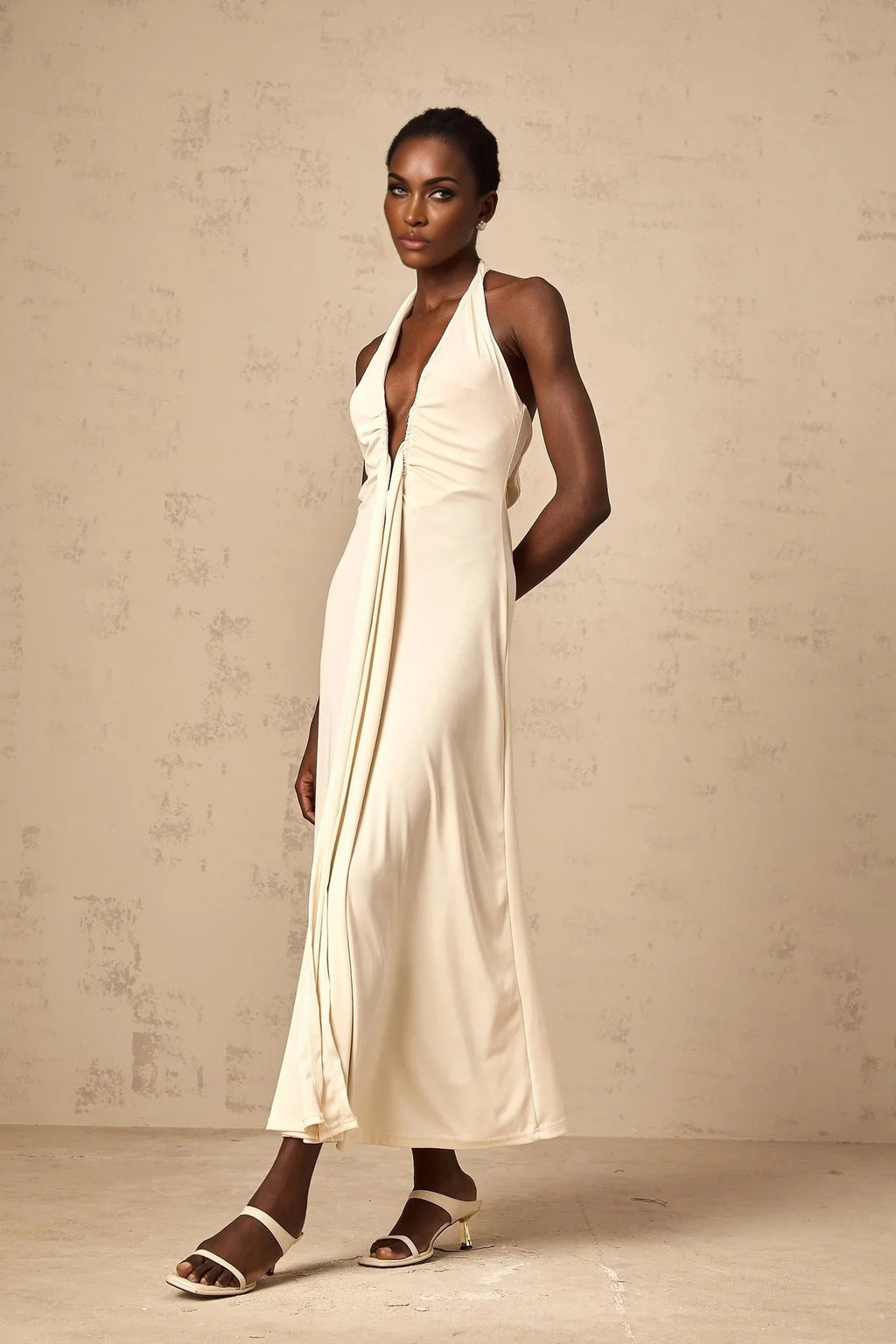 Emilia Maxi Dress White Deep - V Draped Ribbon Ruched Ankle - Length