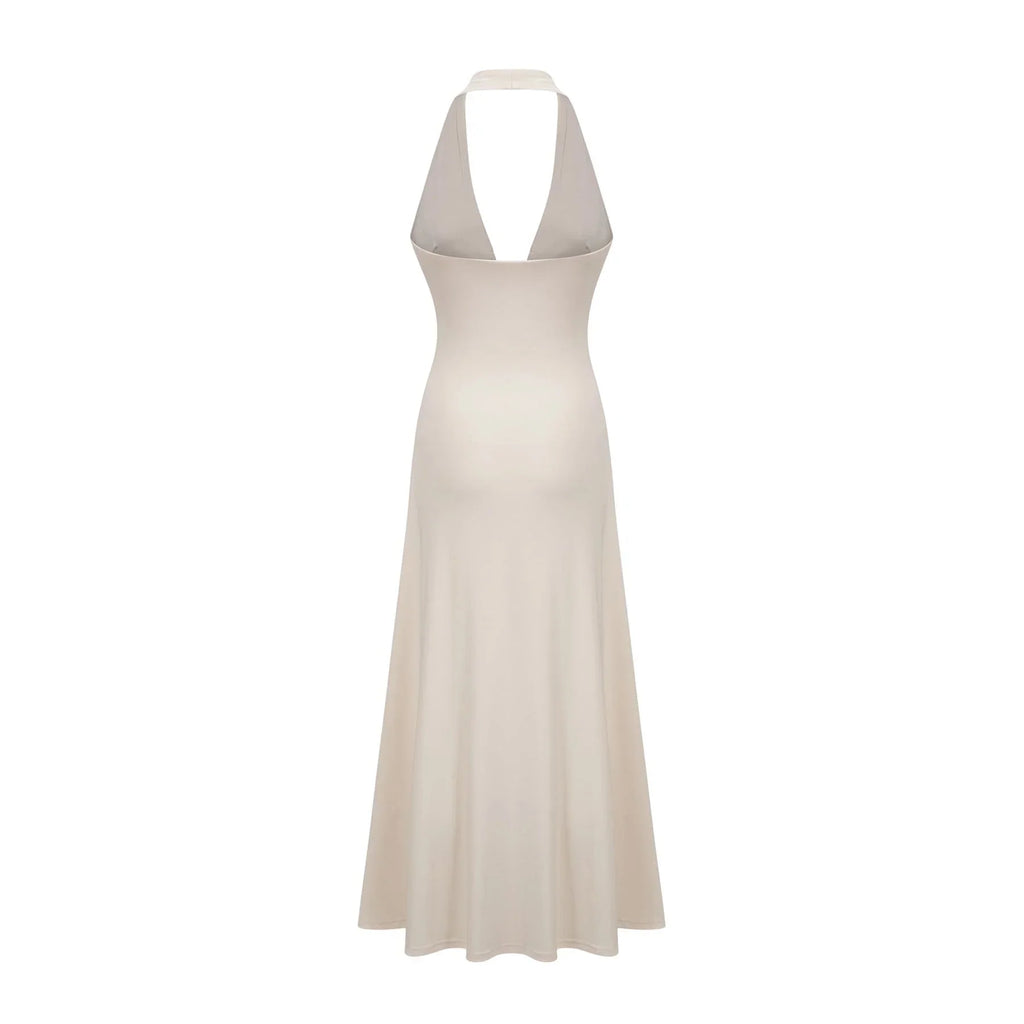 Emilia Maxi Dress White Deep - V Draped Ribbon Ruched Ankle - Length