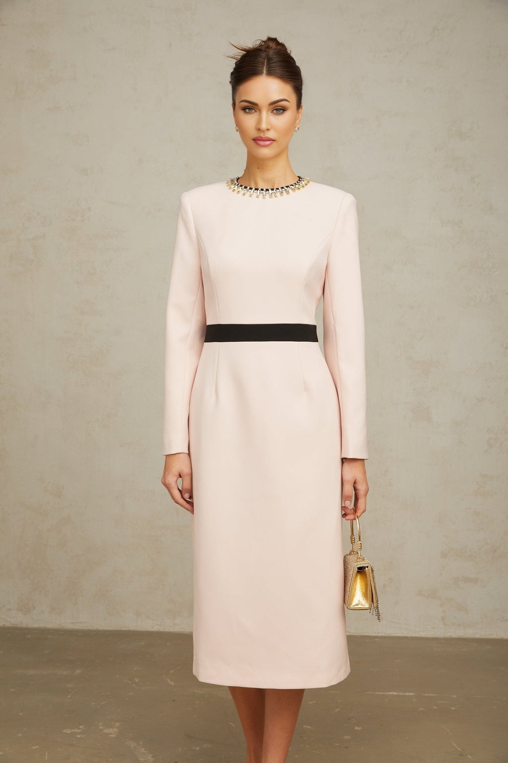 Emilia Midi Dress - Color Block Design - Crystal Embellishment - Dart Detailing - Rear Slit
