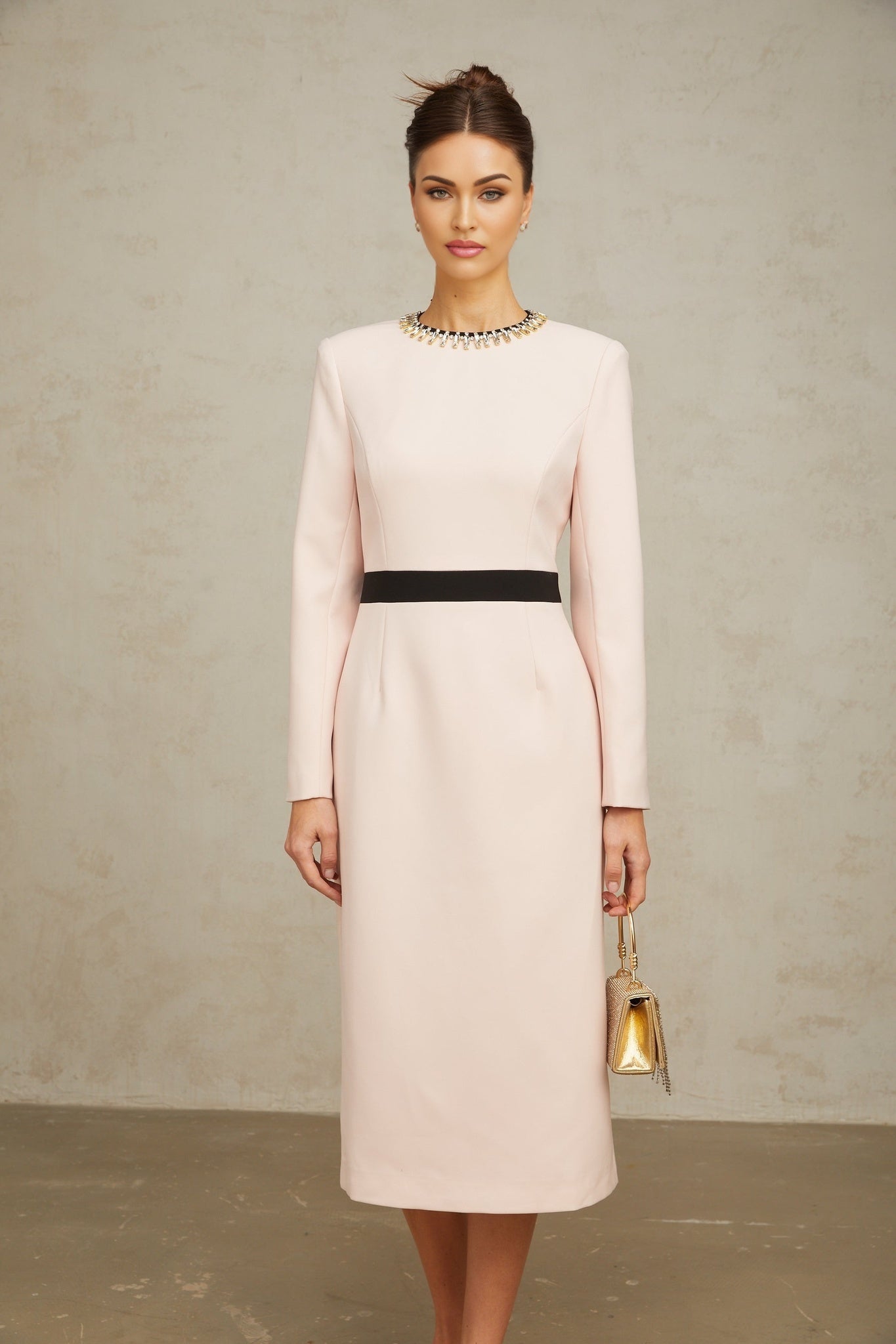 Emilia Midi Dress - Color Block Design - Crystal Embellishment - Dart Detailing - Rear Slit