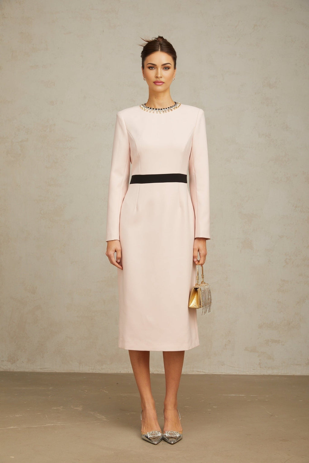 Emilia Midi Dress - Color Block Design - Crystal Embellishment - Dart Detailing - Rear Slit